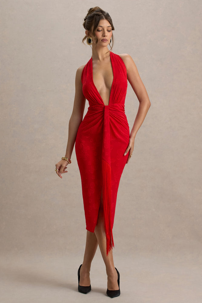 Auria Red Satin Devore Plunge-Neck Midi Dress With Fringe Details Club L London - USA Auria Red Satin Devore Plunge-Neck Midi Dress With Fringe Details Club L London - USA