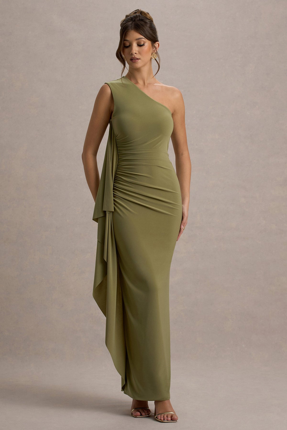 Adelina | Olive One-Shoulder Maxi Dress With Drape - UK 12 green Olive Adelina | Olive One-Shoulder Maxi Dress With Drape - UK 12 green Olive