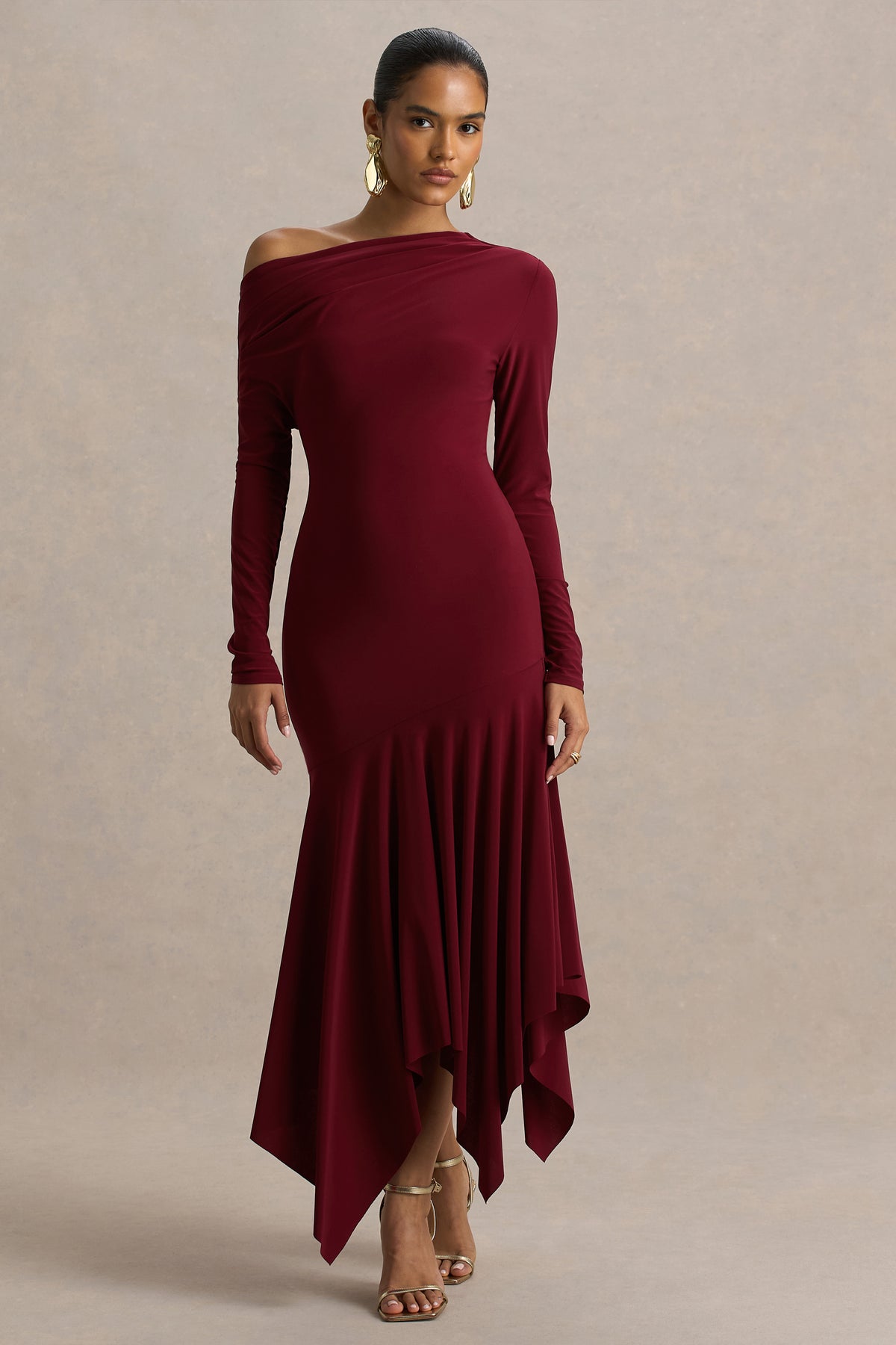 Isola | Burgundy Asymmetric-Neck Midi Dress with Hanky-Hem - UK 6 Berry Isola | Burgundy Asymmetric-Neck Midi Dress with Hanky-Hem - UK 6 Berry
