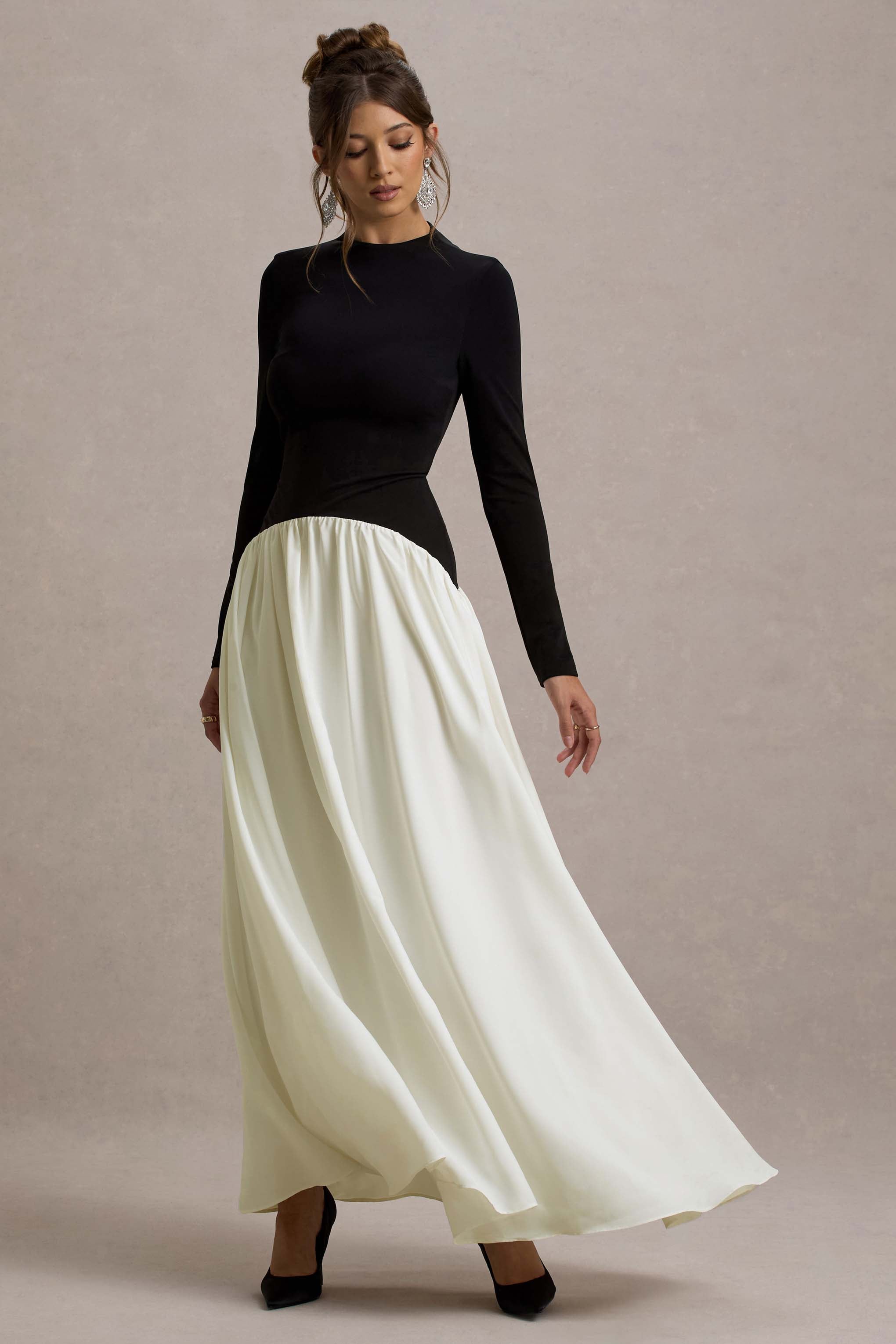 Benedetta Black & Cream Long-Sleeve Drop-Waist Maxi Dress Benedetta Black & Cream Long-Sleeve Drop-Waist Maxi Dress