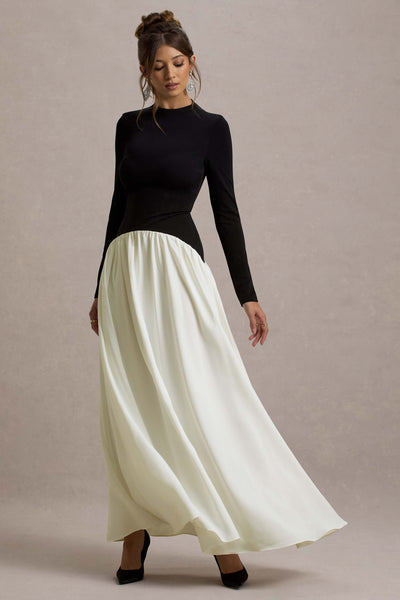 Benedetta Black & Cream Long-Sleeve Drop-Waist Maxi Dress – Club L London