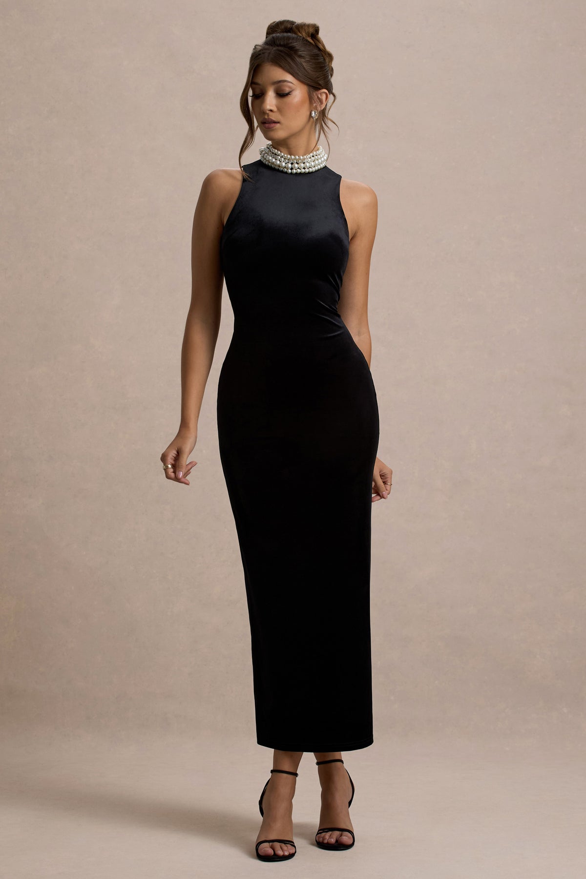 Audrine | Black Velvet Embellished High-Neck Maxi Dress - UK 12 Black Audrine | Black Velvet Embellished High-Neck Maxi Dress - UK 12 Black