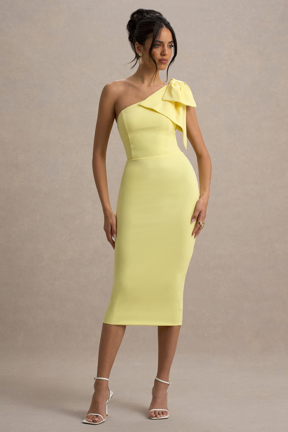 Ambretta | Lemon One-Shoulder Midi Dress With Bow - UK 8 Lemon Ambretta | Lemon One-Shoulder Midi Dress With Bow - UK 8 Lemon