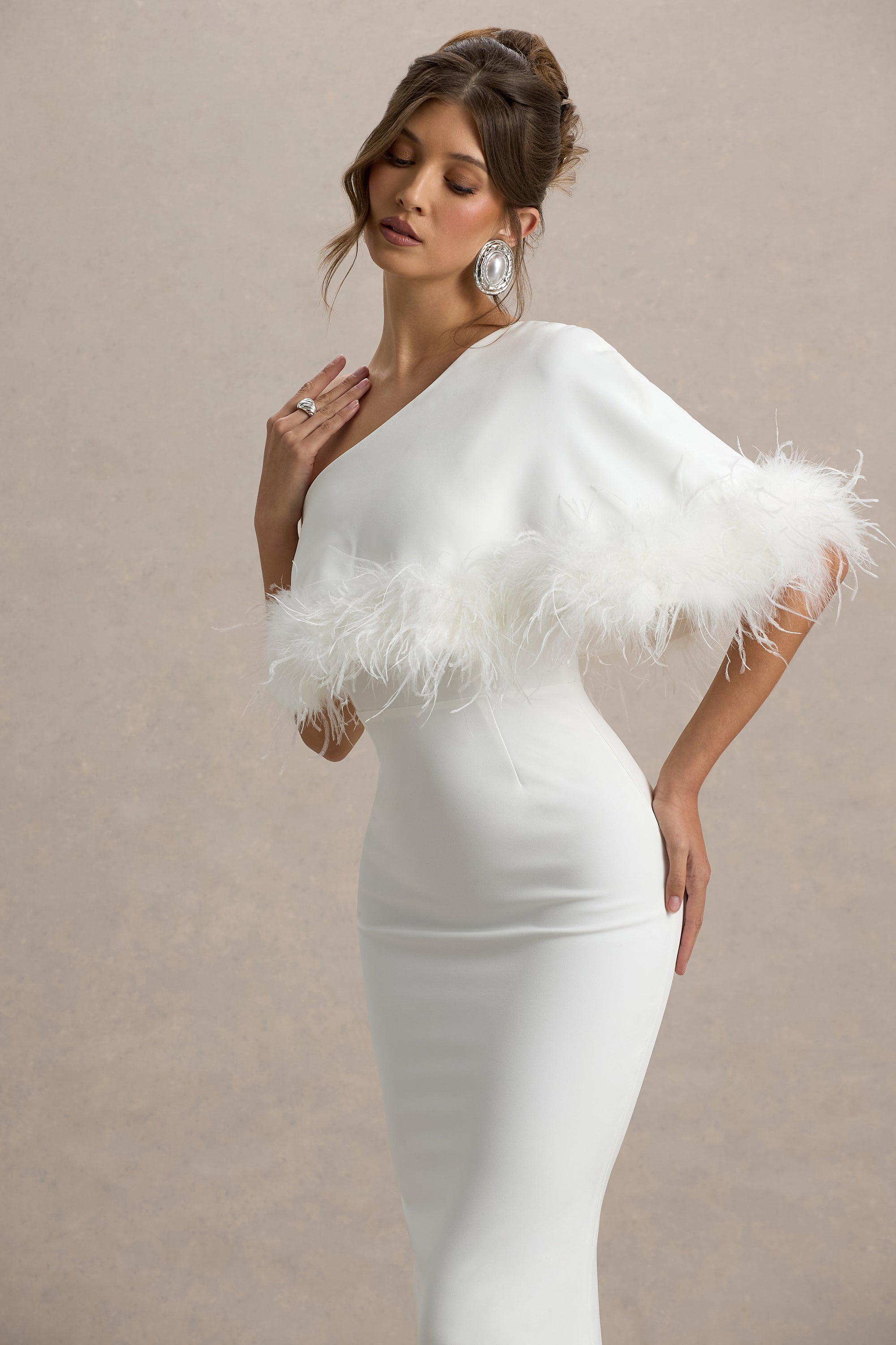 Valor | White Asymmetric Maxi Dress With Feather Trim – Club L London