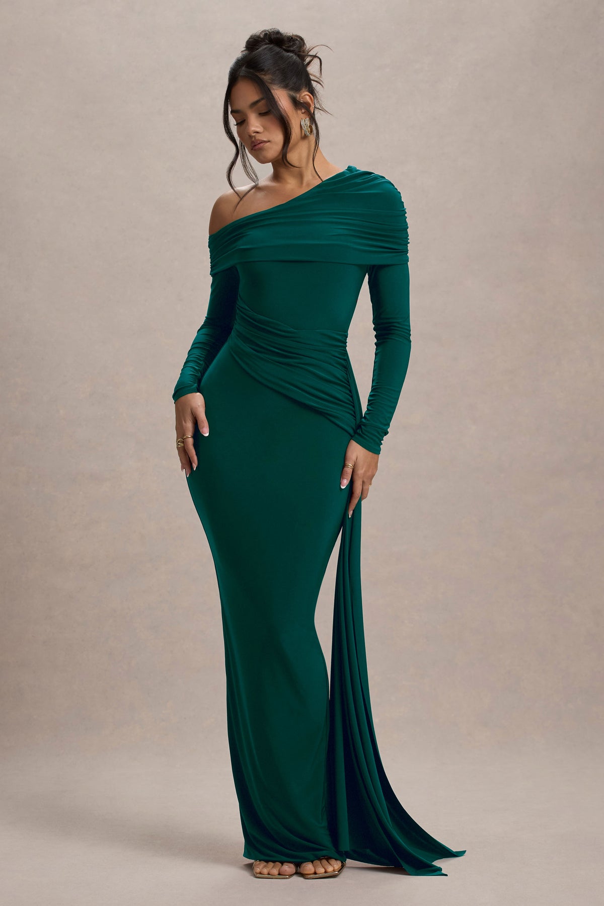 Valina Green Ruched Asymmetric Maxi Dress With Drape Club L London - USA Valina Green Ruched Asymmetric Maxi Dress With Drape Club L London - USA