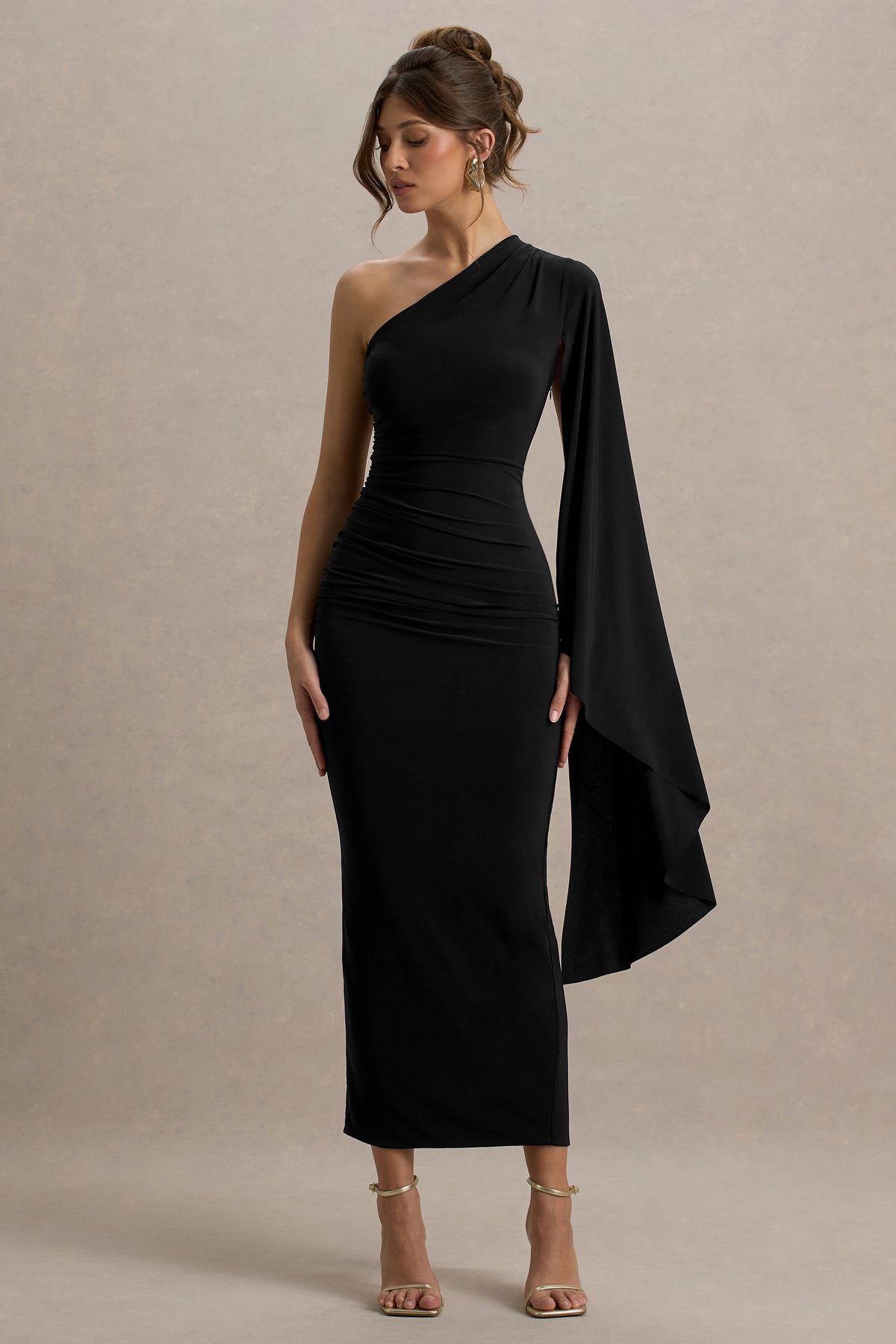 Clementina Black Asymmetric Cape Sleeve Maxi Dress Club L London - USA Clementina Black Asymmetric Cape Sleeve Maxi Dress Club L London - USA