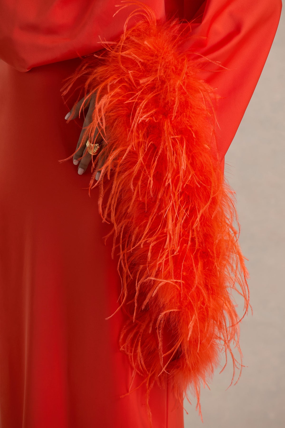 Felicity Orange Satin Asymmetric-Neck Maxi Dress With Feather Detail Club L London - USA Felicity Orange Satin Asymmetric-Neck Maxi Dress With Feather Detail Club L London - USA