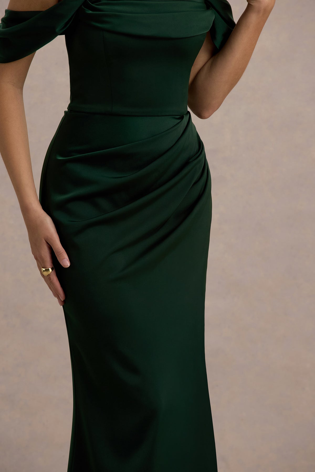 Annie Bottle Green Satin Bardot Maxi Dress With Split Wrap Skirt Club L London - USA Annie Bottle Green Satin Bardot Maxi Dress With Split Wrap Skirt Club L London - USA