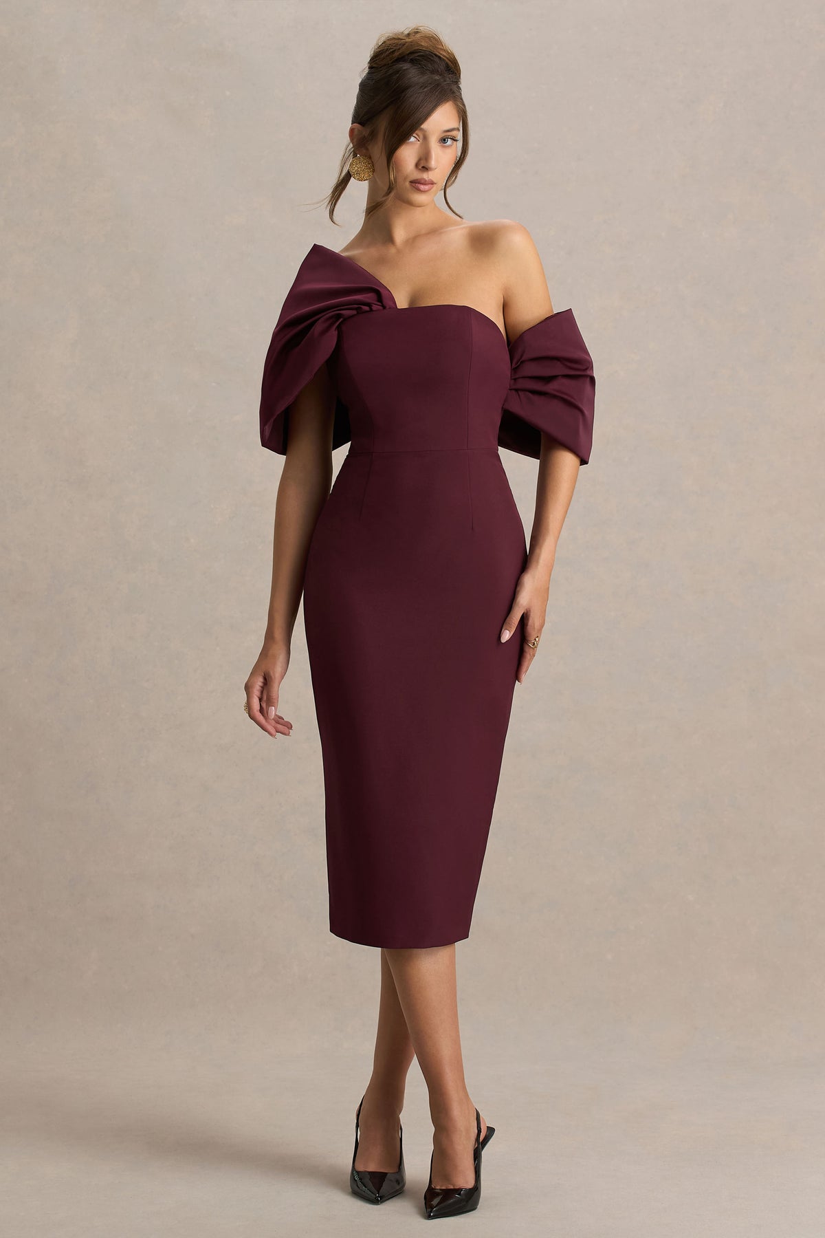 Lucille Burgundy Asymmetric Bardot Midi Dress With Bow Detail Club L London - USA Lucille Burgundy Asymmetric Bardot Midi Dress With Bow Detail Club L London - USA