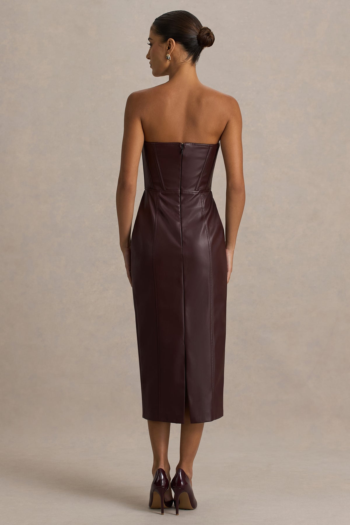 Zola | Burgundy Faux Leather Bandeau Midi Dress - UK 12 Burgundy Zola | Burgundy Faux Leather Bandeau Midi Dress - UK 12 Burgundy