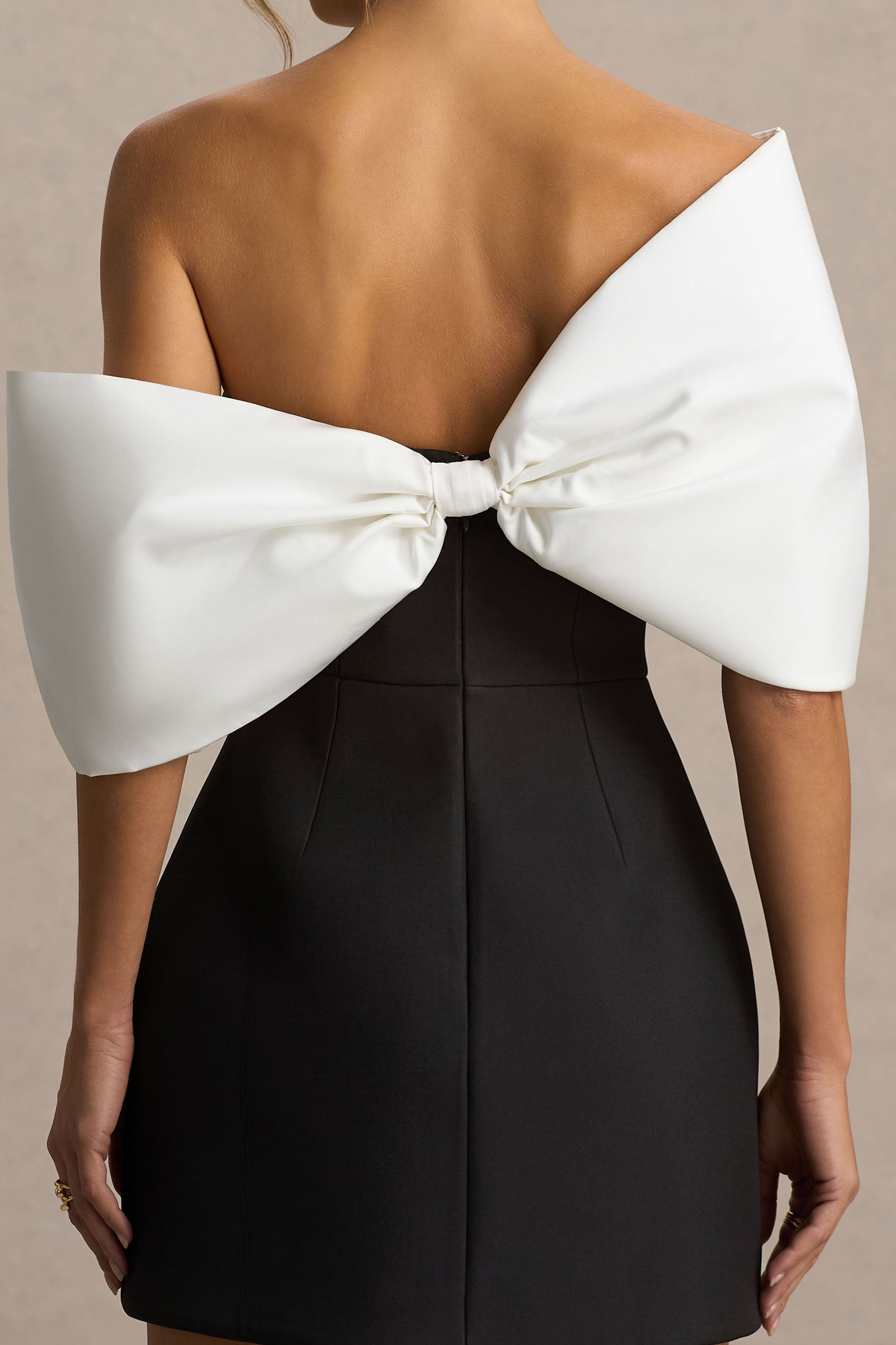 Tindra | Black And White Satin Bandeau-Neck Mini Dress With Bow