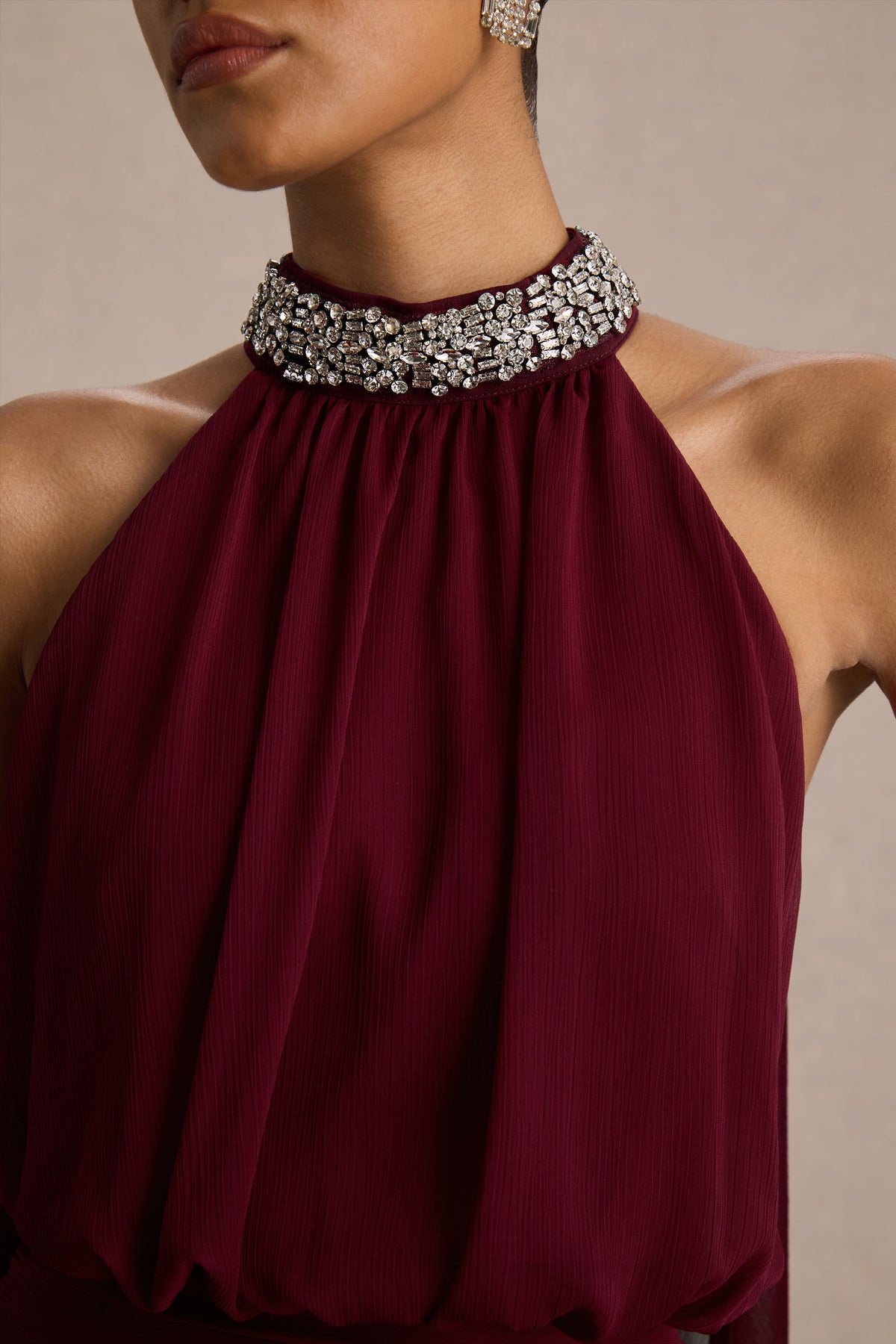 Marie | Burgundy Halter-Neck Maxi Dress With Embellished Detailing - UK 12 Burgundy Marie | Burgundy Halter-Neck Maxi Dress With Embellished Detailing - UK 12 Burgundy