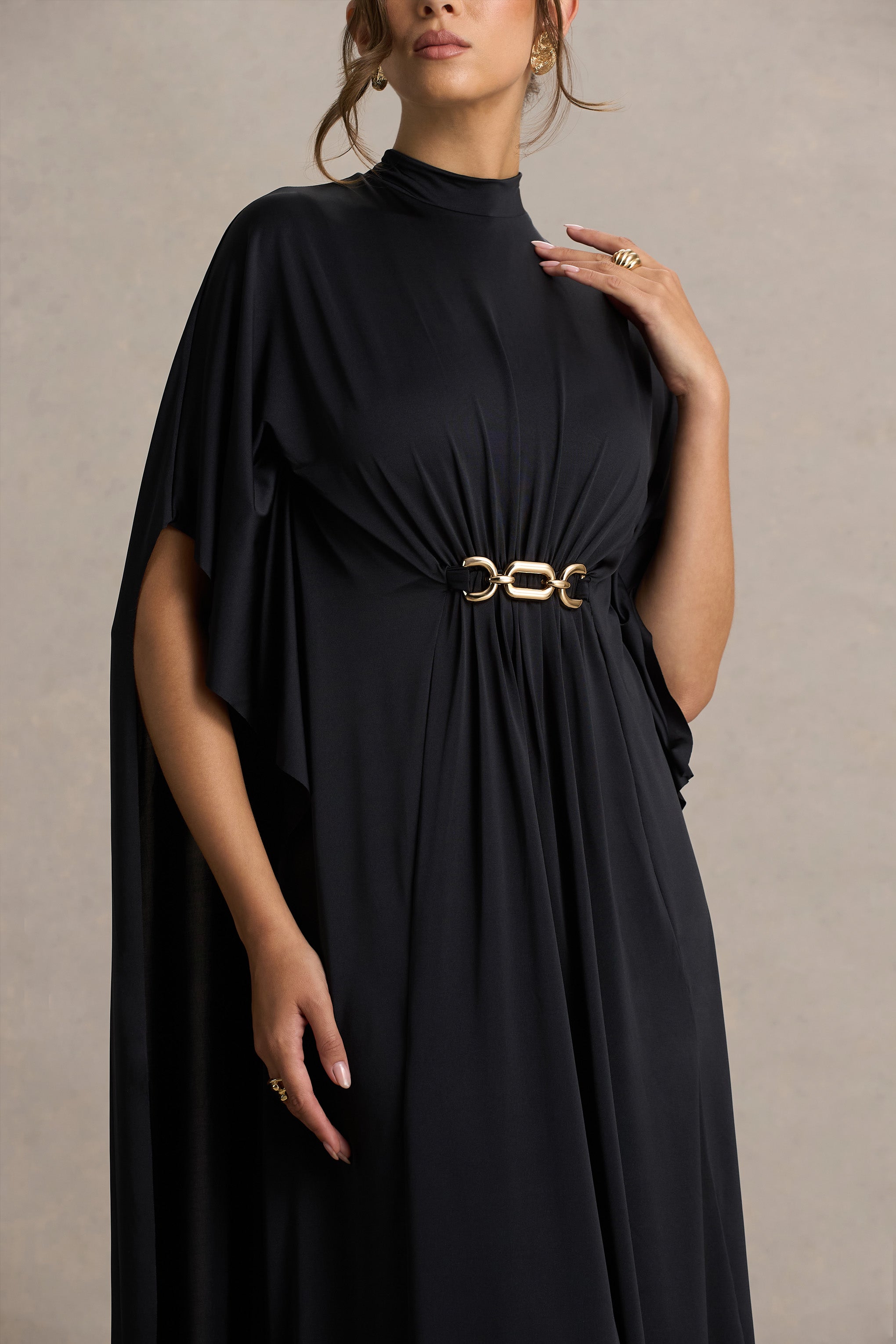Olessia | Black Belted Gathered Cape-Sleeve Maxi Dress – Club L