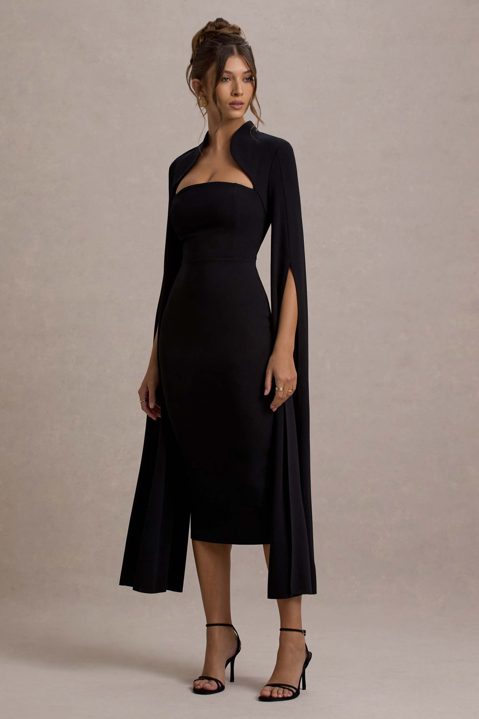 Linden | Black Bodycon Cape-Sleeve Midi Dress – Club L London - USA