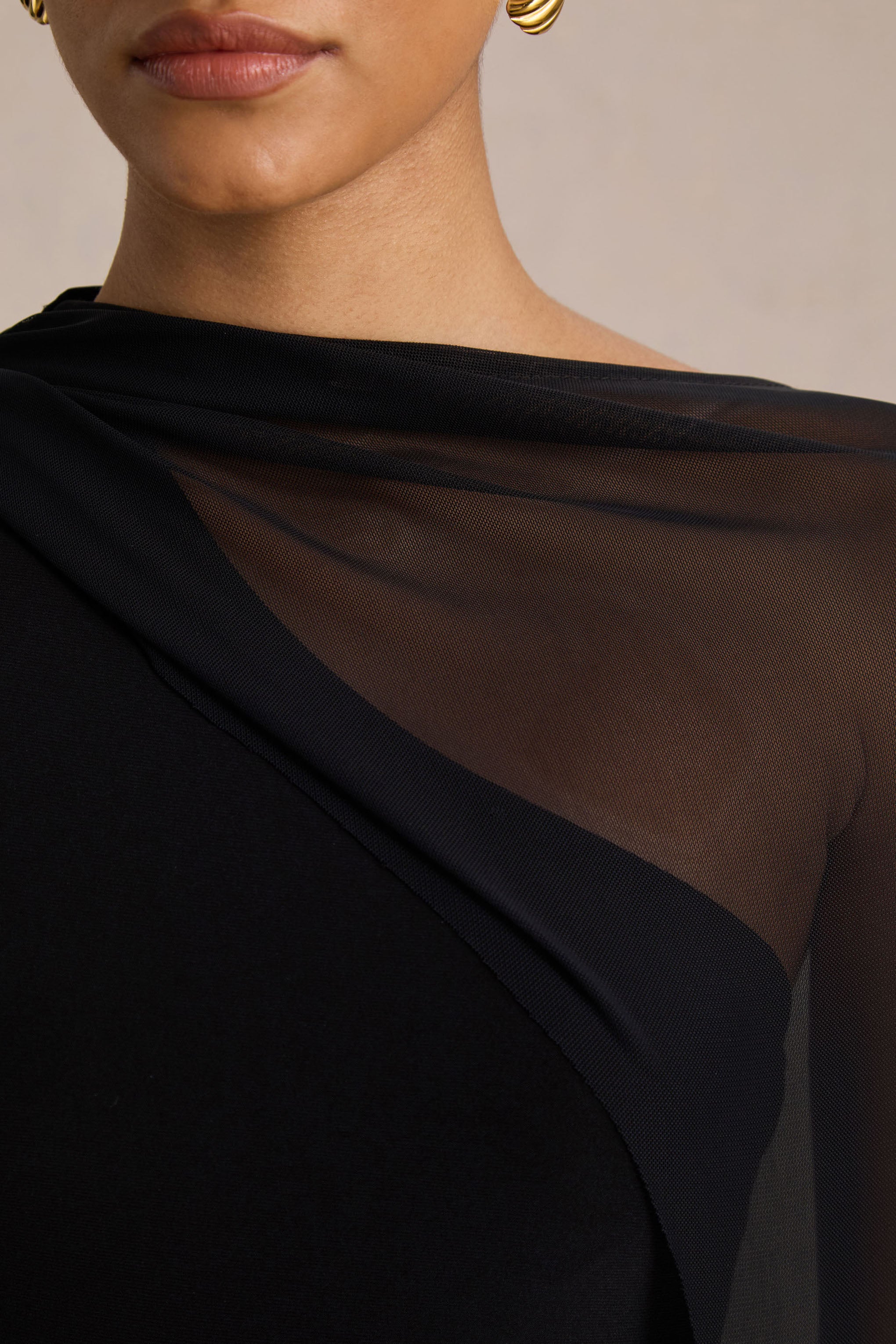 Mirelle | Black Jersey Boat Neck Maxi Dress With Mesh Cape And