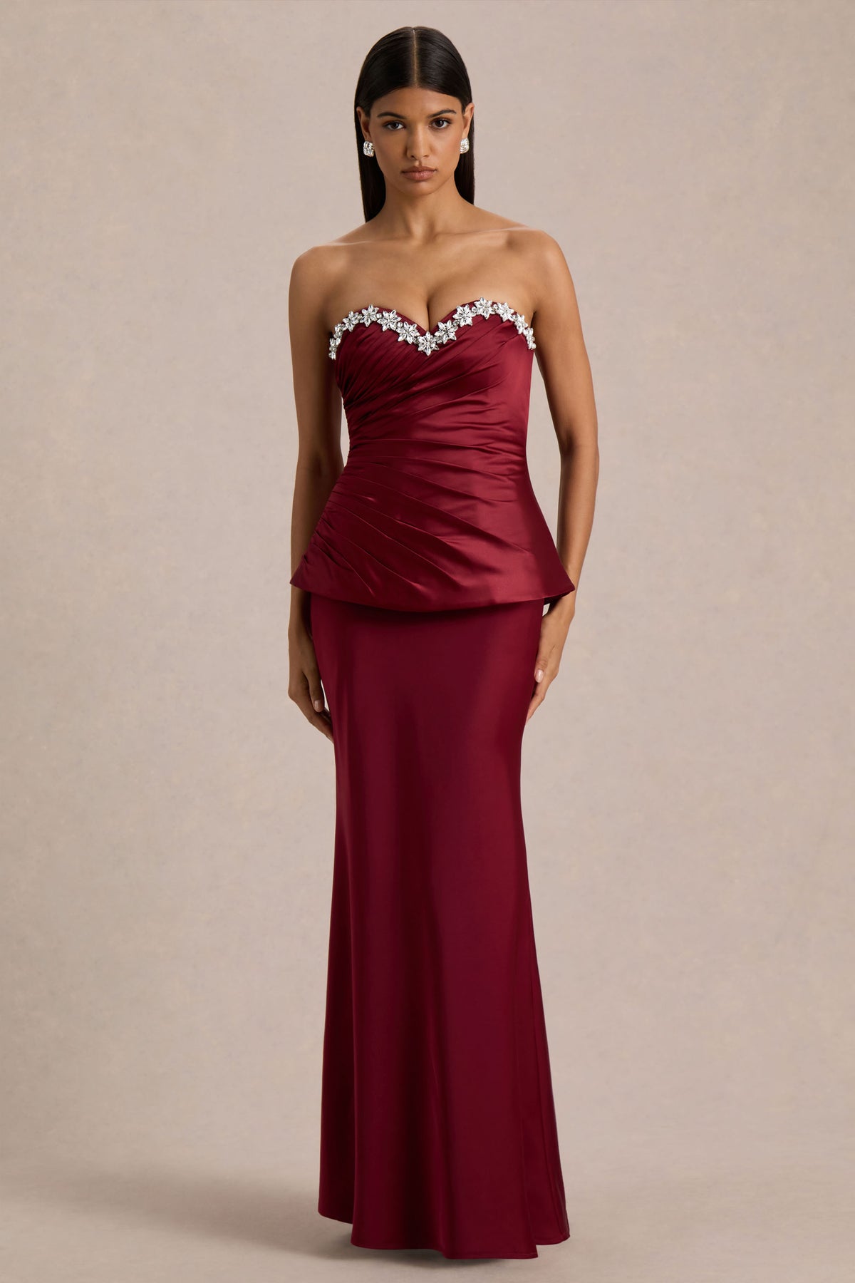 Milia Burgundy Satin Hand-Embellished Strapless Corset Maxi Dress Club L London - USA Milia Burgundy Satin Hand-Embellished Strapless Corset Maxi Dress Club L London - USA