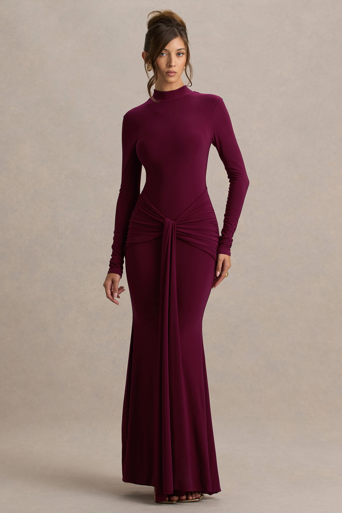 Pietra | Berry High-Neck Long Sleeve Knot Maxi Dress US 8 / Berry Pietra | Berry High-Neck Long Sleeve Knot Maxi Dress US 8 / Berry
