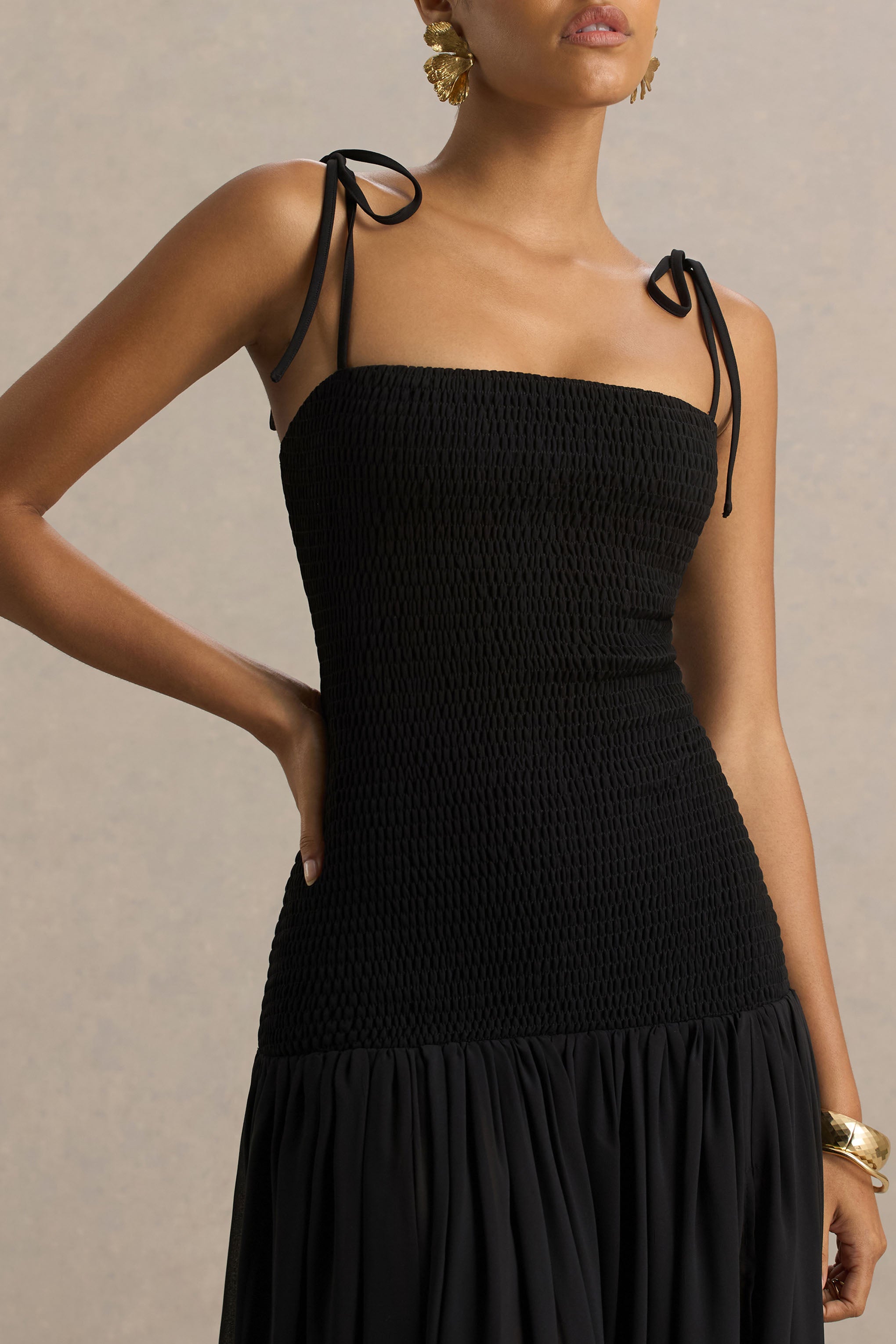 Maeva | Black Square-Neck Fishtail Maxi Dress With Ruched