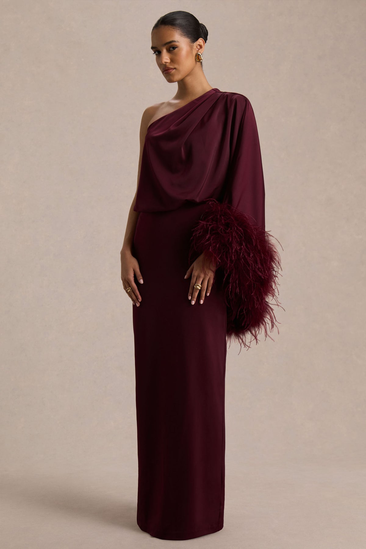 Felicity Burgundy Satin Asymmetric-Neck Maxi Dress With Feather Deta Club L London - USA Felicity Burgundy Satin Asymmetric-Neck Maxi Dress With Feather Deta Club L London - USA