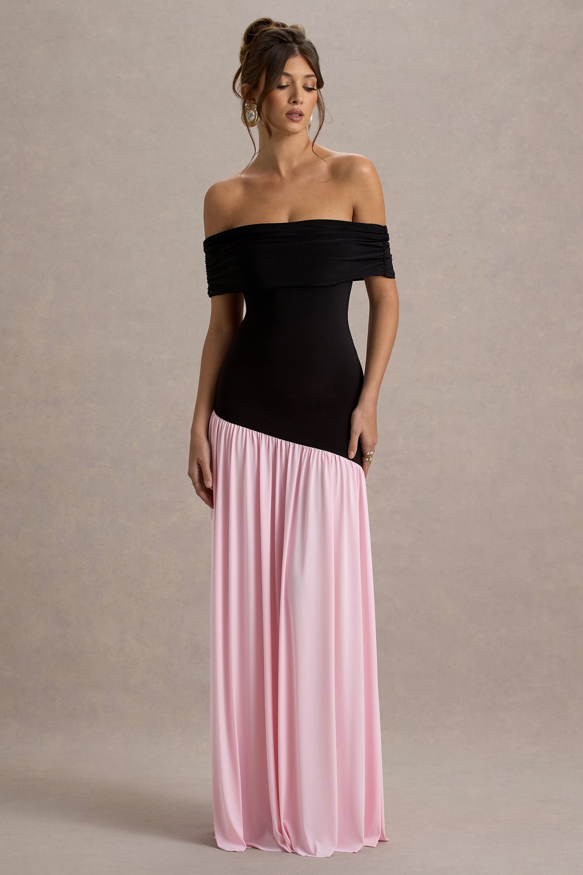 Venezia Black & Pink Bardot Maxi Dress With Drop-Waist Club L London - USA Venezia Black & Pink Bardot Maxi Dress With Drop-Waist Club L London - USA