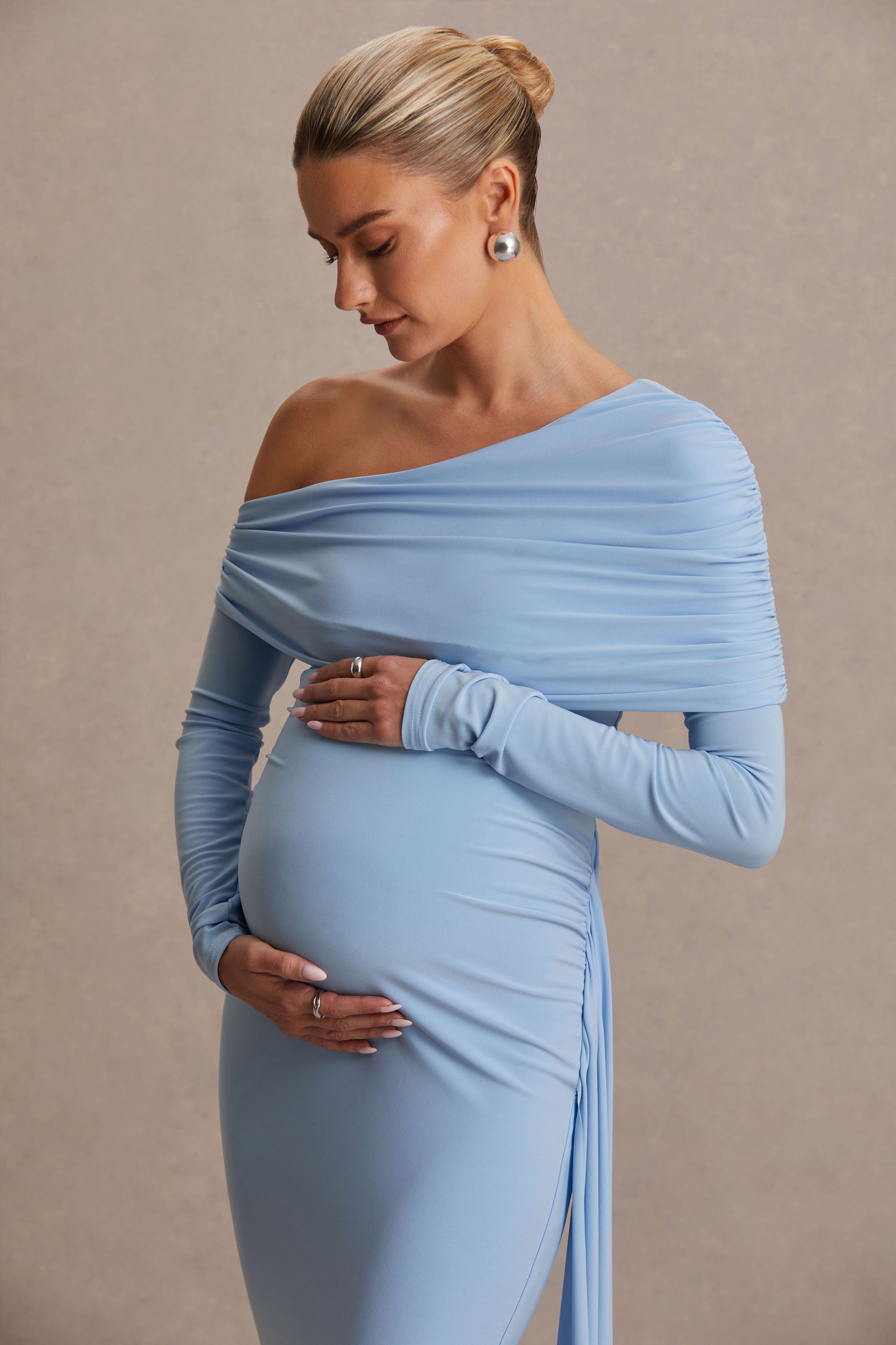blue maternity cocktail dress Marion Ruffle Hem Short Sleeve Knit Maternity Dress in Blue