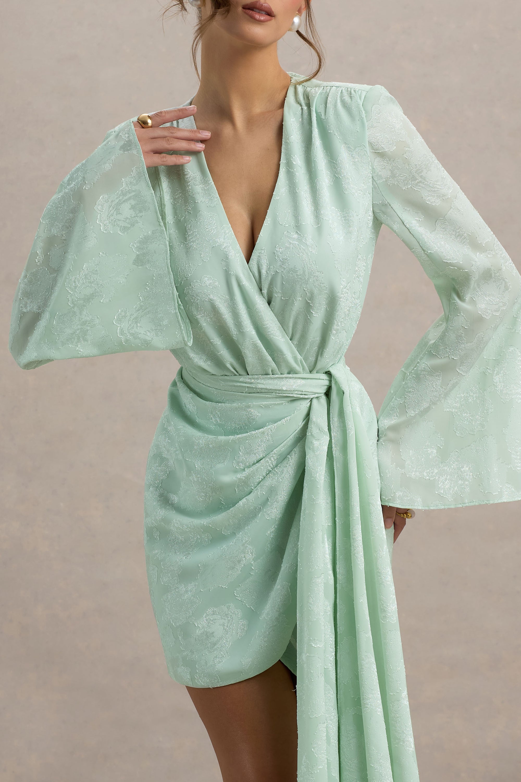 Doreen | Mint Long-Sleeve Wrap Mini Dress – Club L London