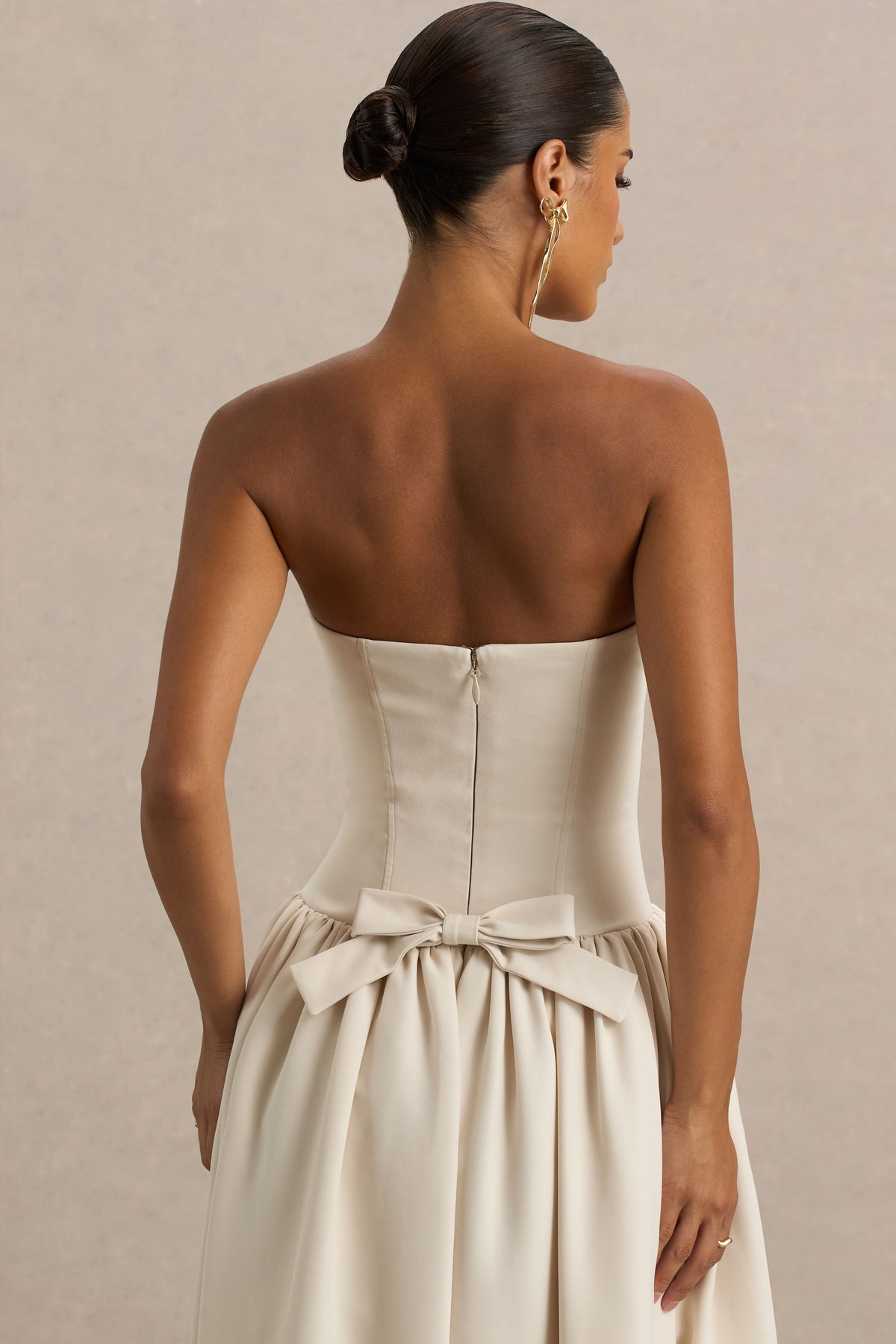 Candice Cream Bandeau Volume Midi Dress With Back Bow Detail Club L London - USA Candice Cream Bandeau Volume Midi Dress With Back Bow Detail Club L London - USA