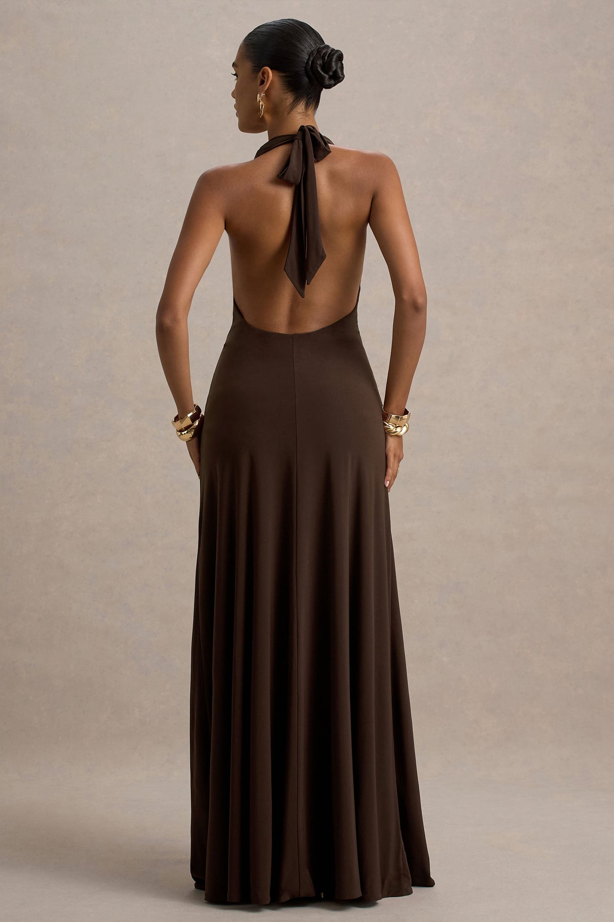 Mist Brown Plunge-Neck Maxi Dress With Knot-Detail And Open-Back Club L London - USA Mist Brown Plunge-Neck Maxi Dress With Knot-Detail And Open-Back Club L London - USA