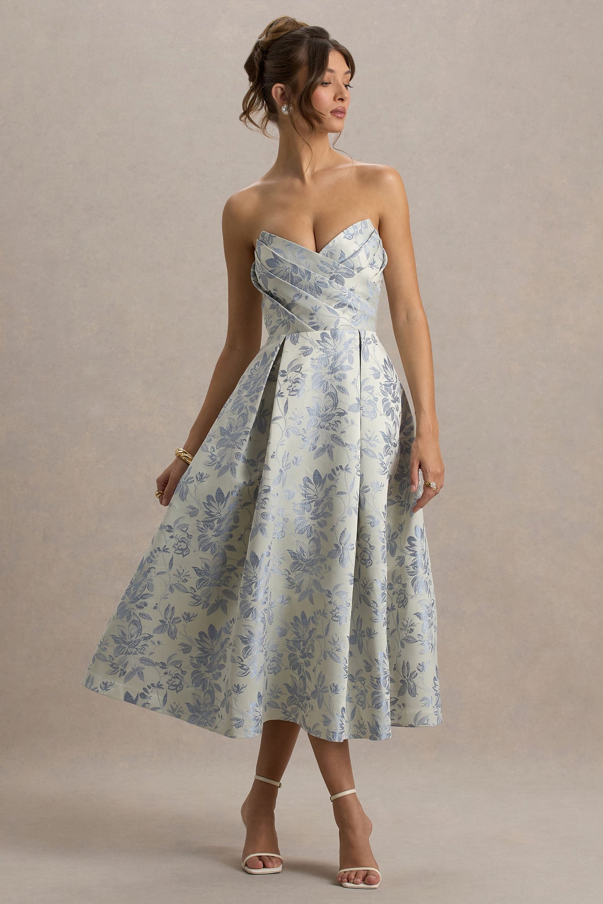 One Wish Light Blue Jacquard Sweetheart Midi Dress Club L London - USA One Wish Light Blue Jacquard Sweetheart Midi Dress Club L London - USA