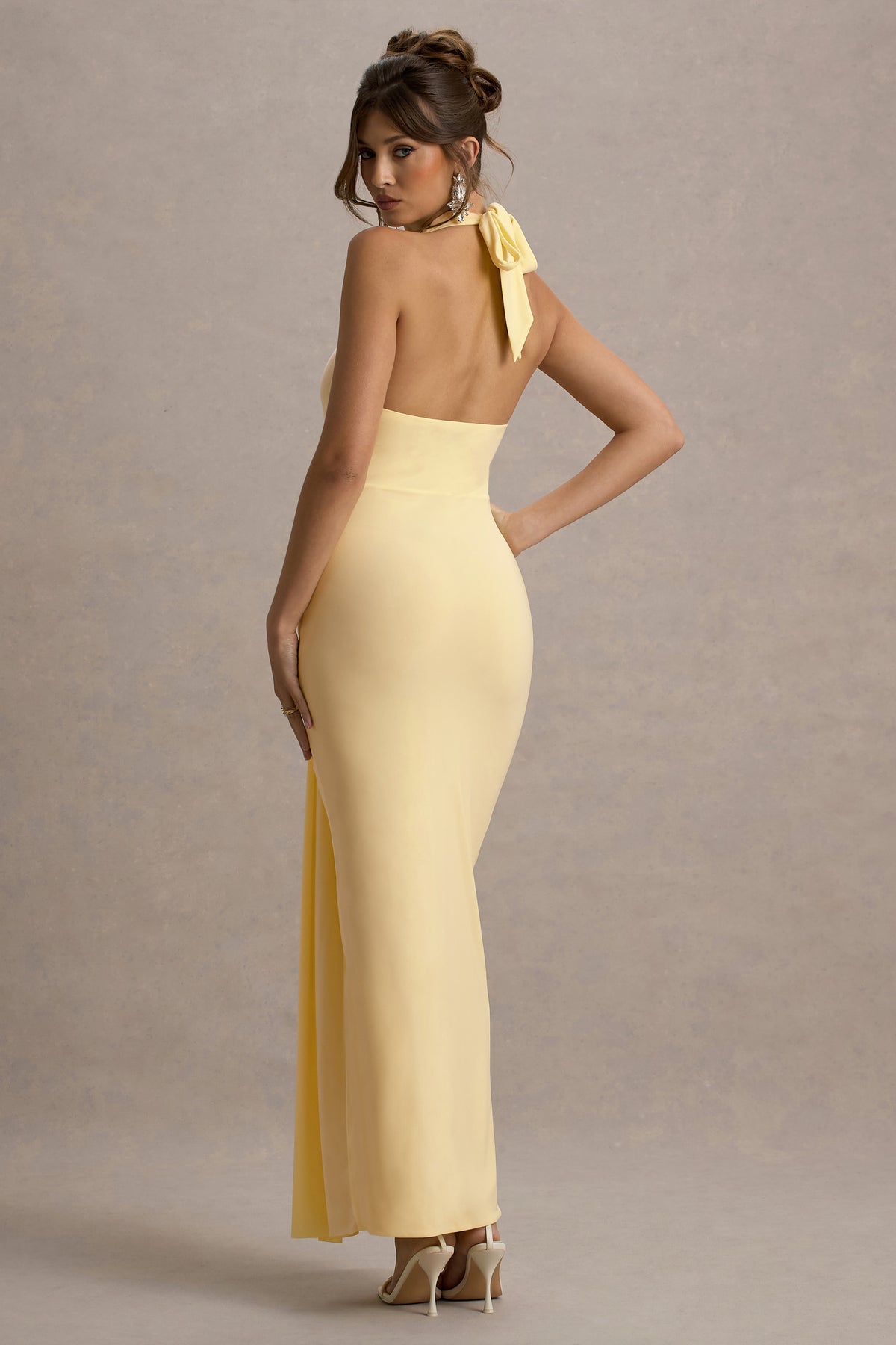 Sunflower | Lemon Ruched High-Neck Split Maxi Dress