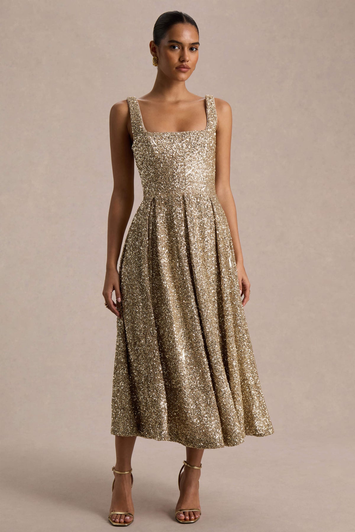 Lima | Champagne Sequin Square-Neck A-Line Midi Dress - UK 8 Champagne Lima | Champagne Sequin Square-Neck A-Line Midi Dress - UK 8 Champagne
