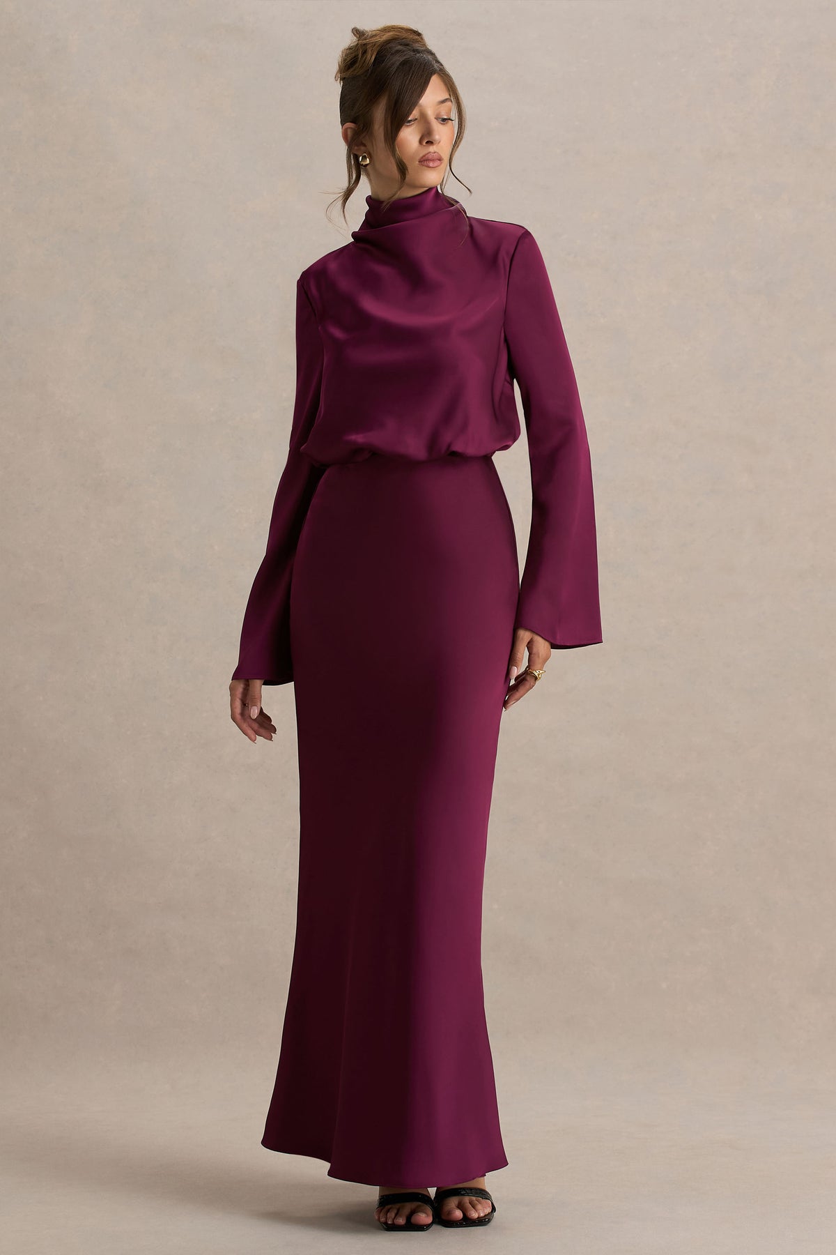 Celina Burgundy Satin High-Neck Maxi Dress Club L London - USA Celina Burgundy Satin High-Neck Maxi Dress Club L London - USA