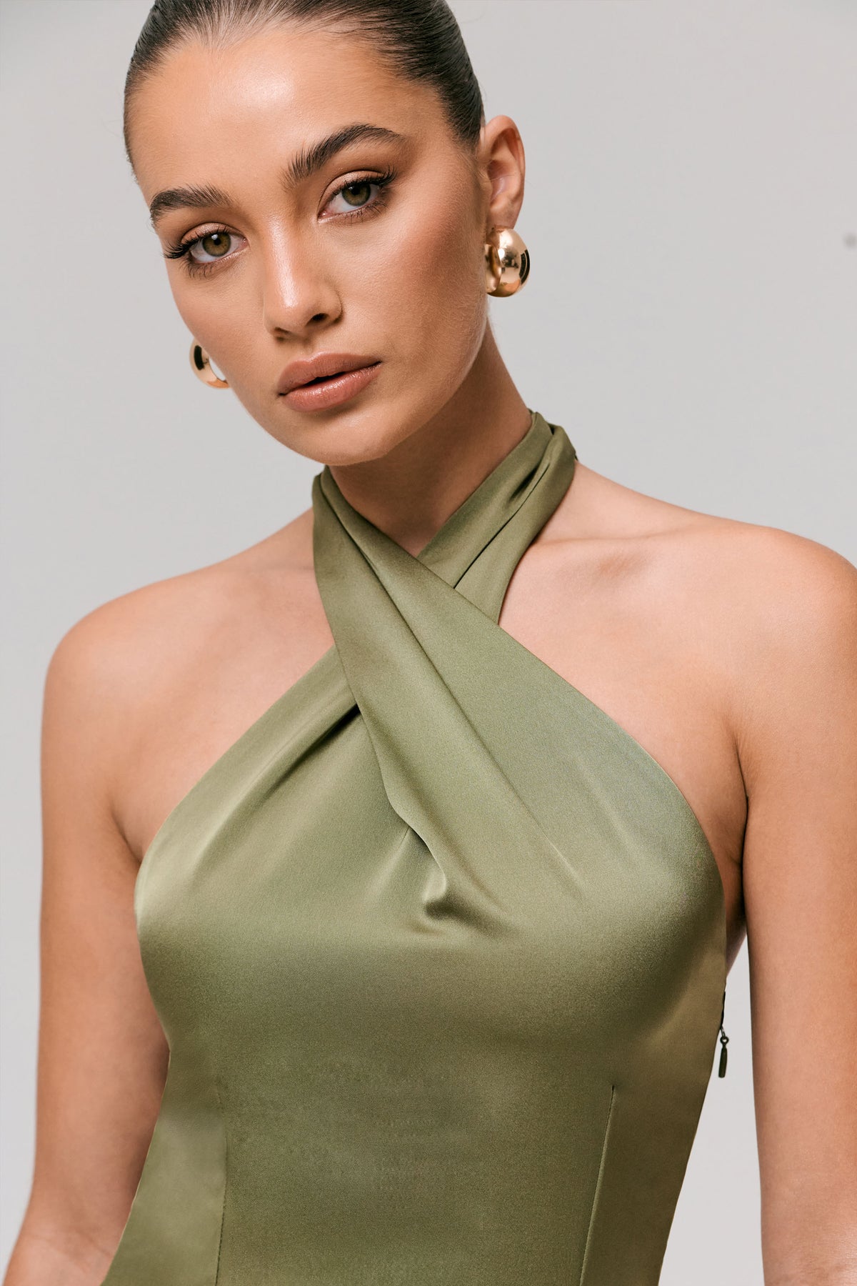 Sansa Khaki Satin Cross Halter-Neck Plisse Maxi Dress – Club