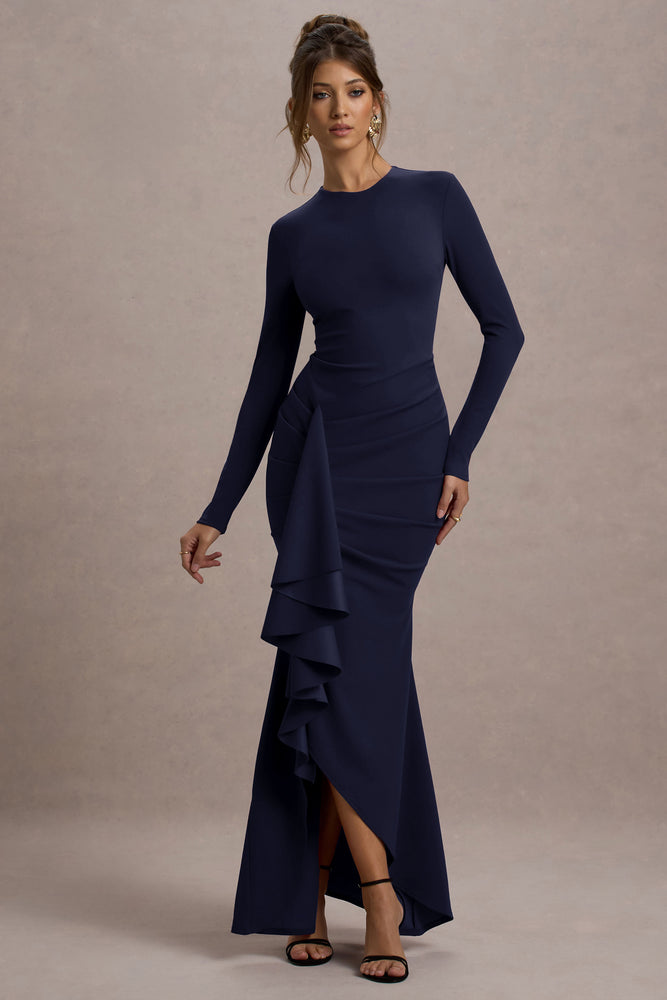 Alayna | Navy Long-Sleeve Maxi Dress With Ruffled Split - UK 10 Navy Alayna | Navy Long-Sleeve Maxi Dress With Ruffled Split - UK 10 Navy