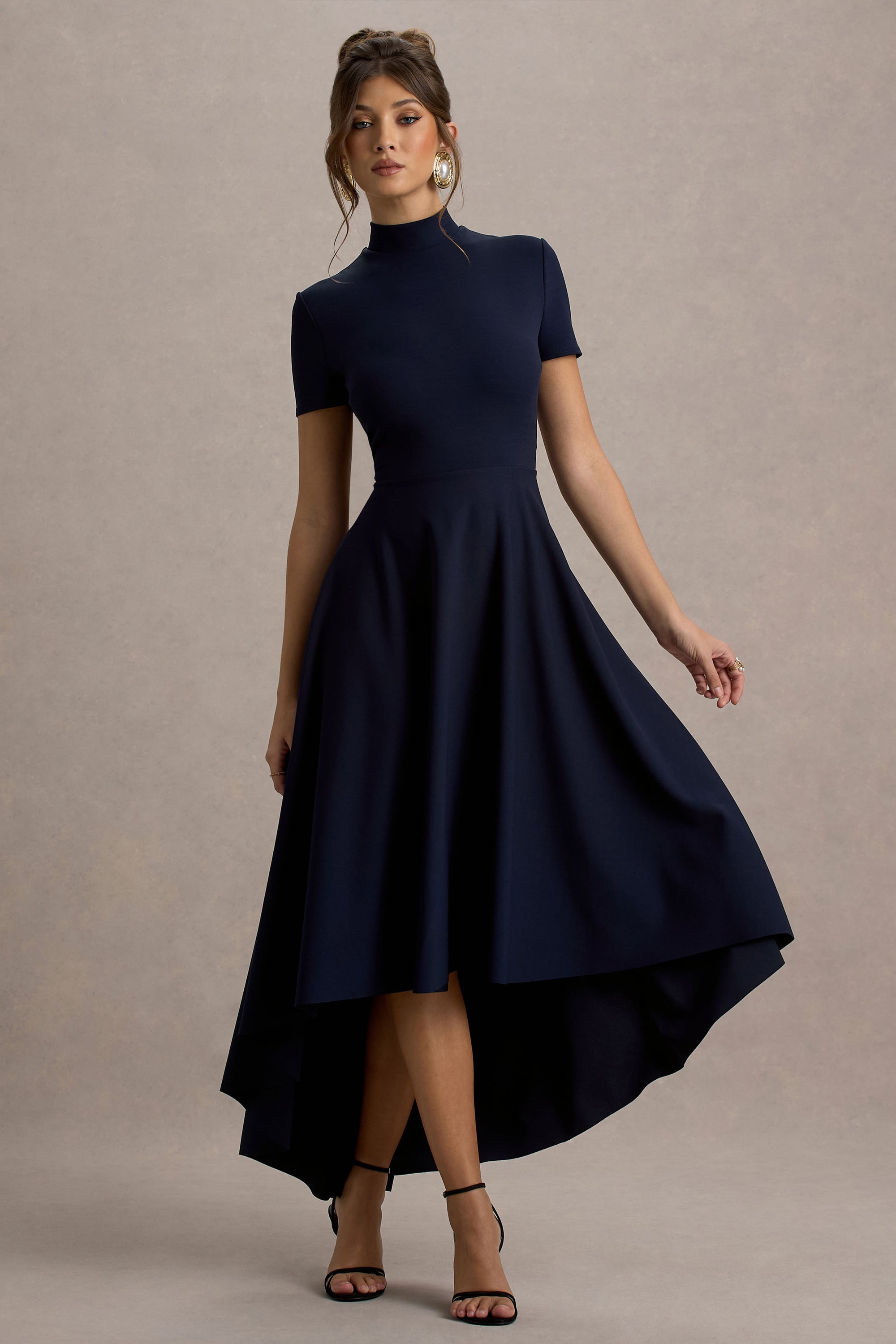 high low navy blue dress Calla D825 Girls Layered High-Low Dress with Lace Bodice