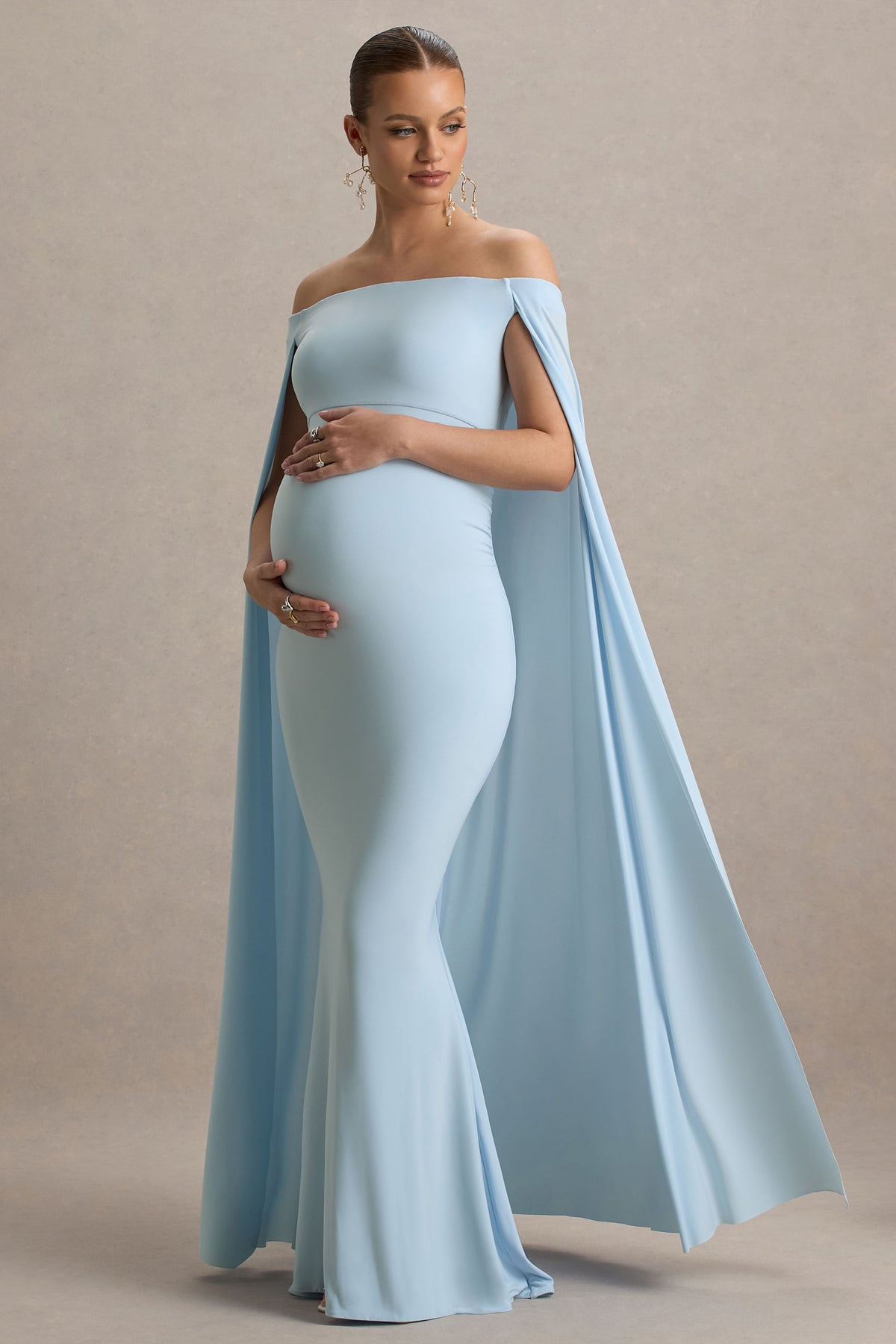 baby blue bardot fishtail maxi dress mesh cape retail Bardot Scarf Detail Gathered Mesh Hem Maxi Dress In Blue | EGO US