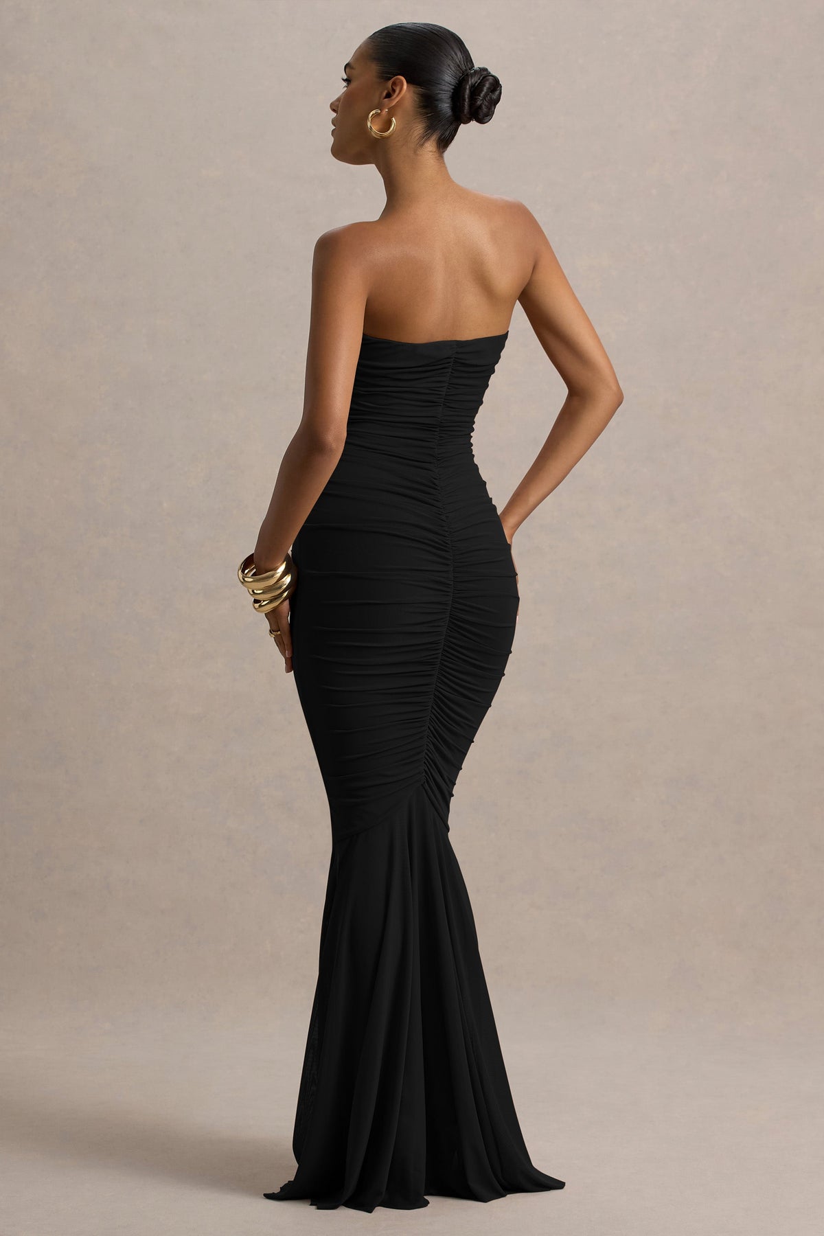 Talisa Black Bandeau Ruched Maxi Dress With Mesh Fishtail Club L London - USA Talisa Black Bandeau Ruched Maxi Dress With Mesh Fishtail Club L London - USA