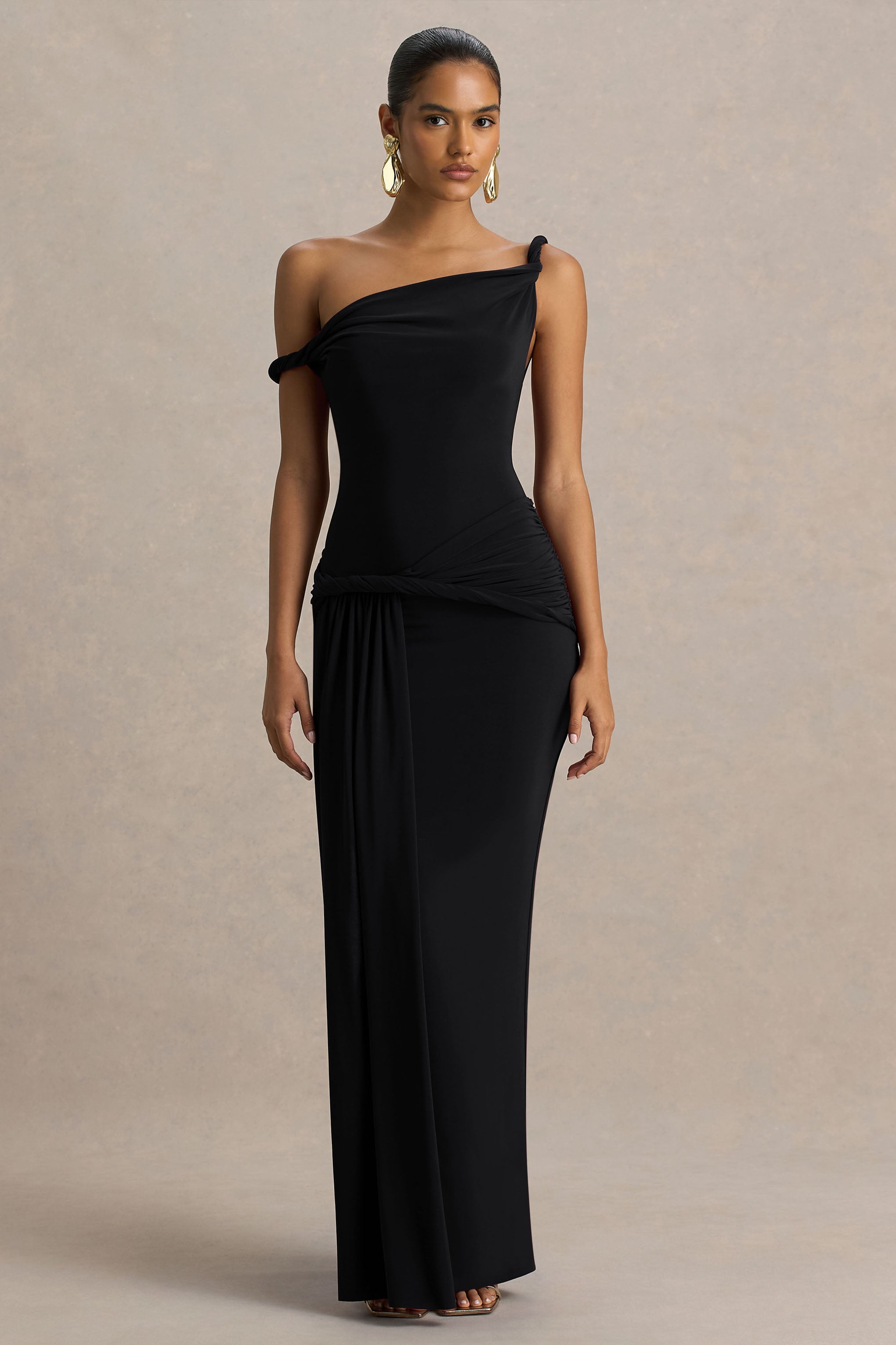 Tulisa | Black Asymmetric-Neck Maxi Dress With Twist Sleeves And