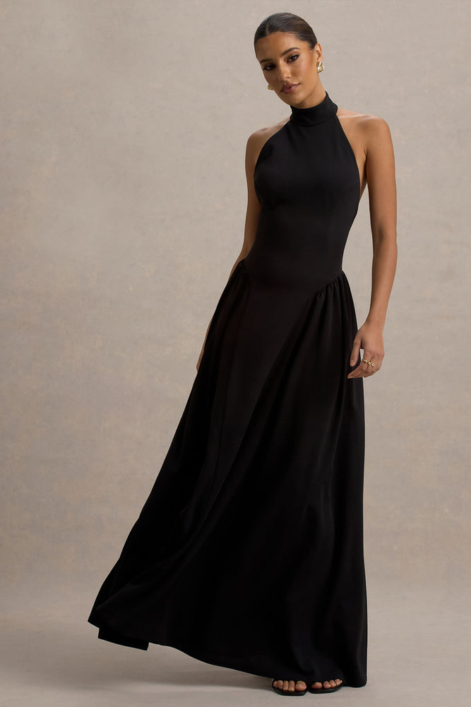 Cynthia Black High-Neck Maxi Dress With Volume Skirt – Club