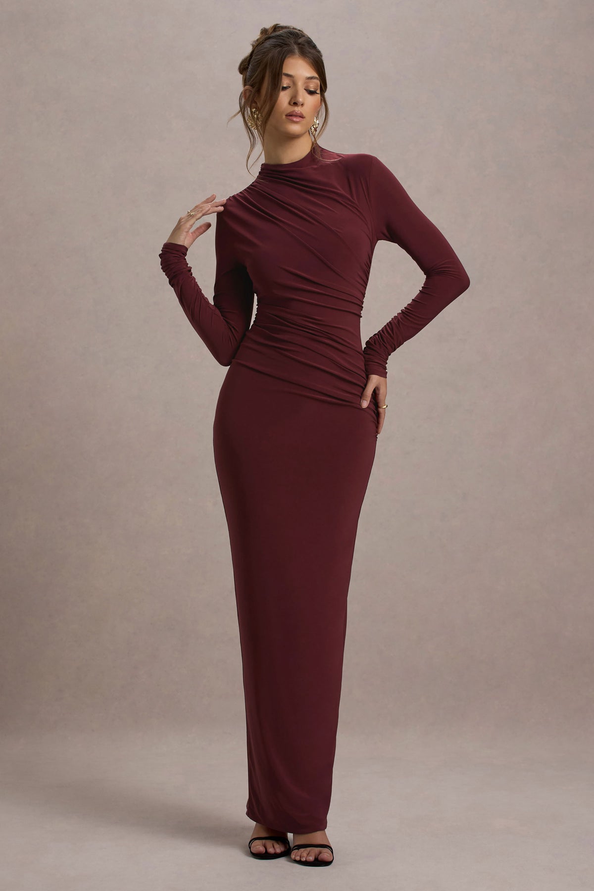 Hespera Port High-Neck Long-Sleeve Gathered Maxi Dress Club L London - USA Hespera Port High-Neck Long-Sleeve Gathered Maxi Dress Club L London - USA