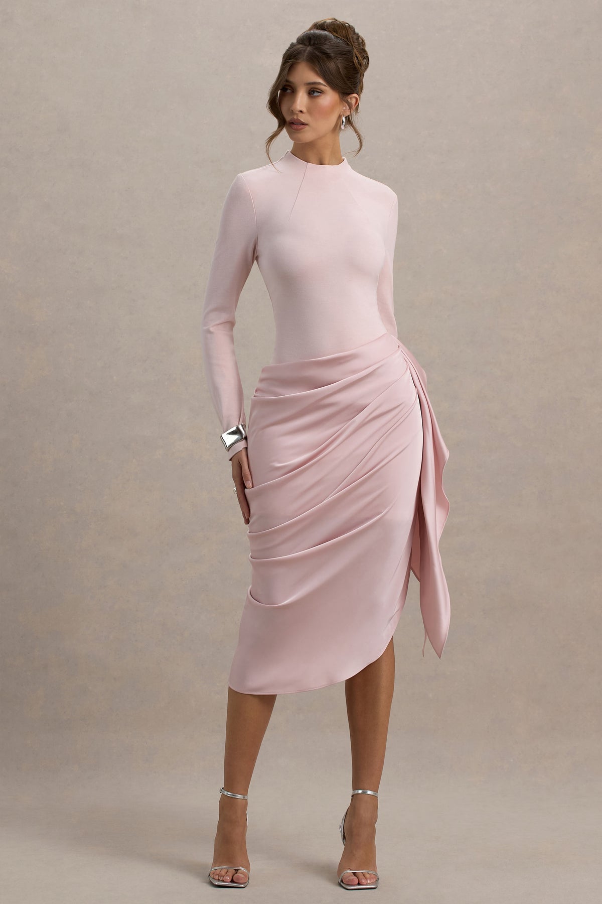 Raffie Pink Long-Sleeve Midi Dress With Satin Wrap Skirt Club L London - USA Raffie Pink Long-Sleeve Midi Dress With Satin Wrap Skirt Club L London - USA