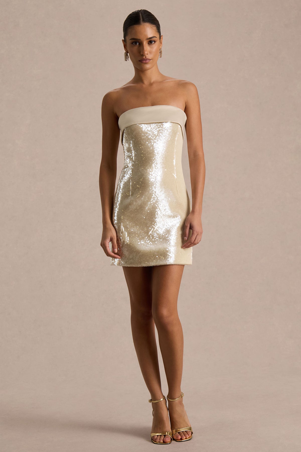 Casandra | Champagne Sequin Bandeau Mini Dress With Satin Trim - UK 6 Champagne Casandra | Champagne Sequin Bandeau Mini Dress With Satin Trim - UK 6 Champagne