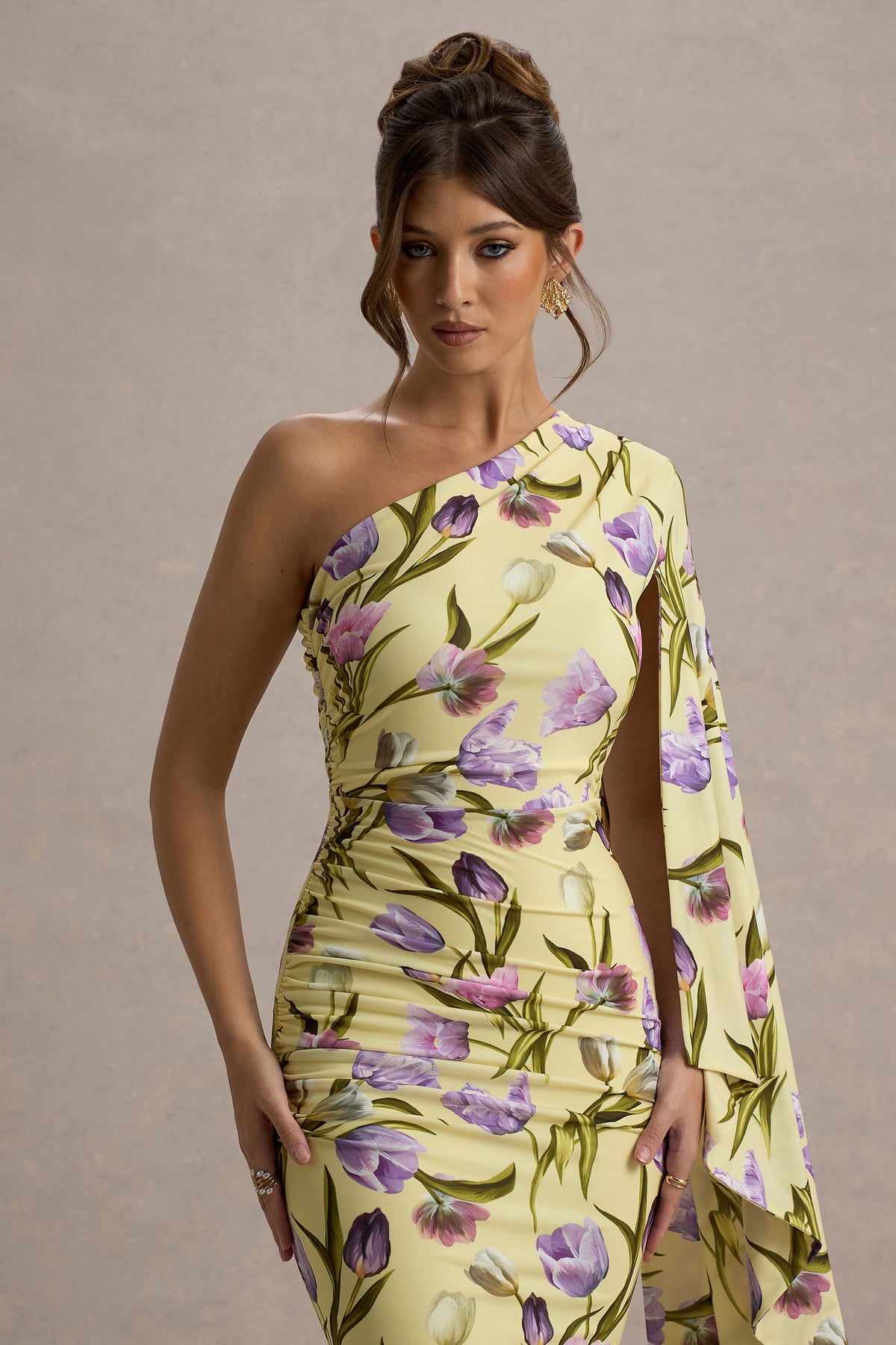 Clementina Tulip Floral Print Asymmetric Cape Sleeve Maxi Dress Club L London - USA Clementina Tulip Floral Print Asymmetric Cape Sleeve Maxi Dress Club L London - USA