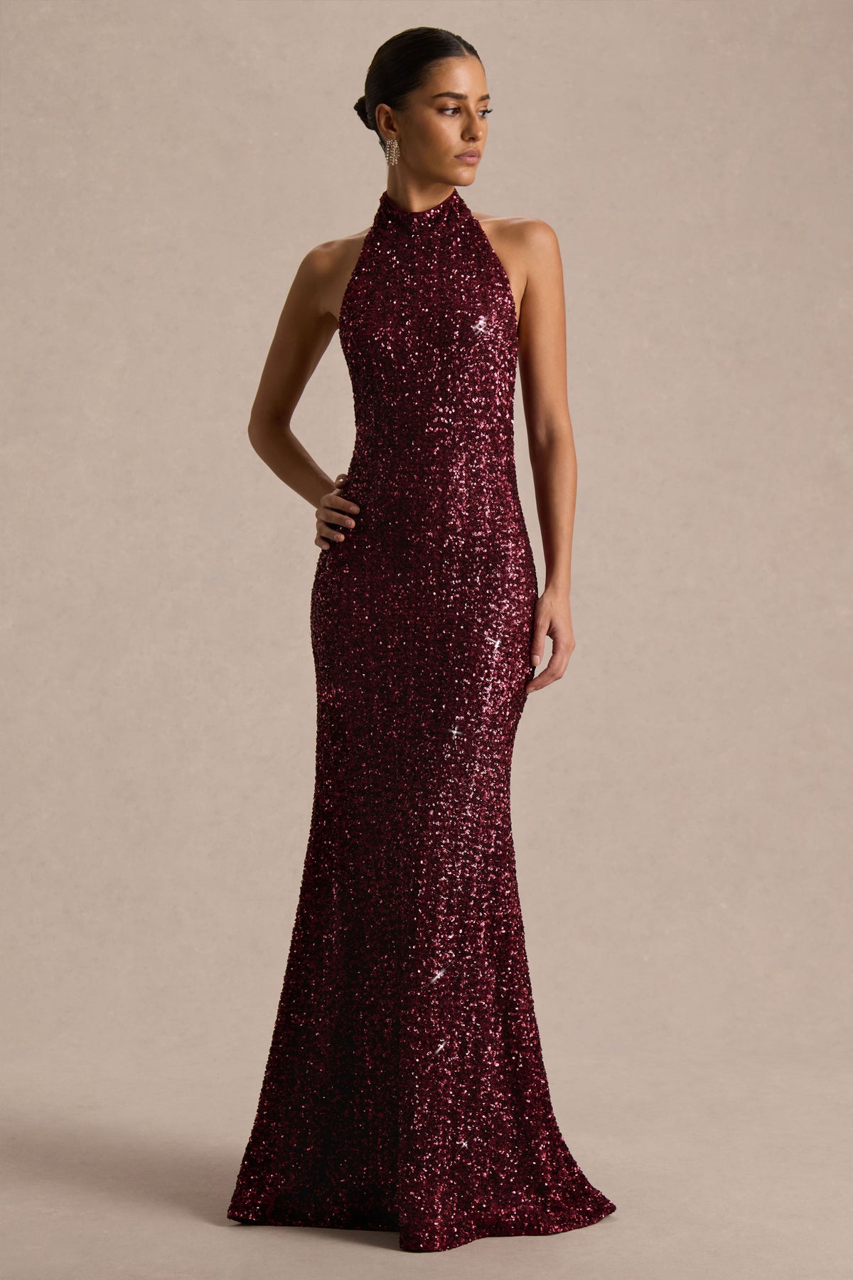 Tulia | Burgundy Sequin High-Neck Maxi Dress - UK 14 berry Tulia | Burgundy Sequin High-Neck Maxi Dress - UK 14 berry