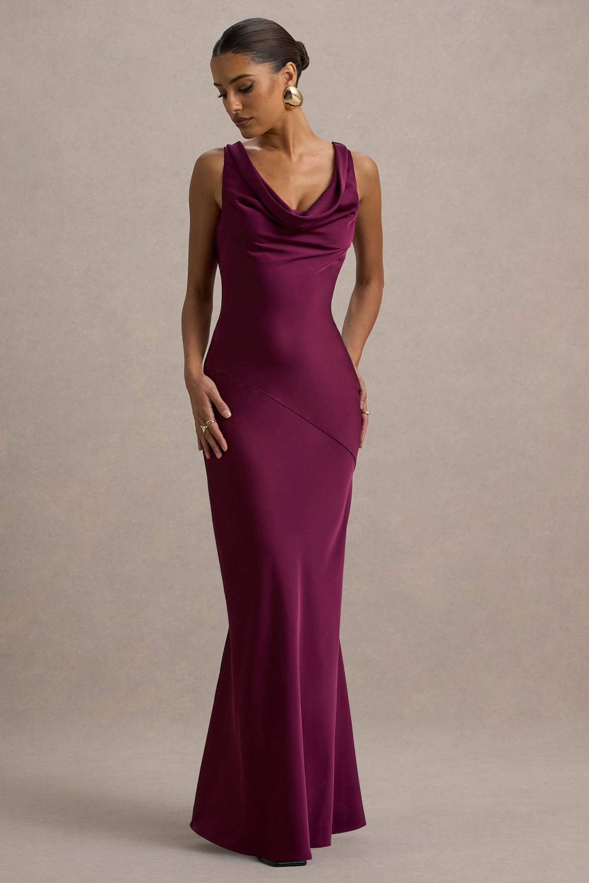 Alesso Burgundy Satin Cowl-Neck Slip-Maxi Dress Club L London - USA Alesso Burgundy Satin Cowl-Neck Slip-Maxi Dress Club L London - USA