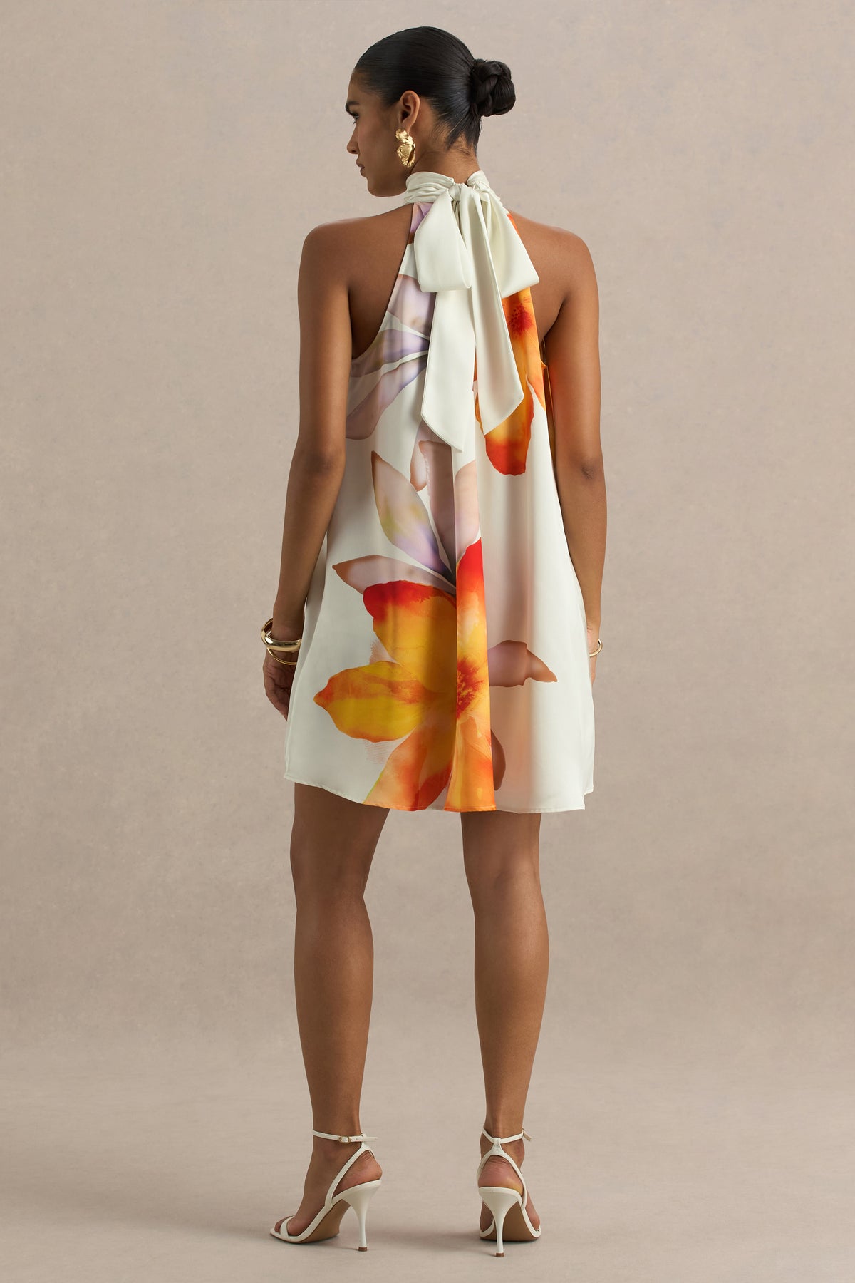 Evita | Orange Floral High-Neck Satin Mini Dress - UK 6 Orange Floral Evita | Orange Floral High-Neck Satin Mini Dress - UK 6 Orange Floral