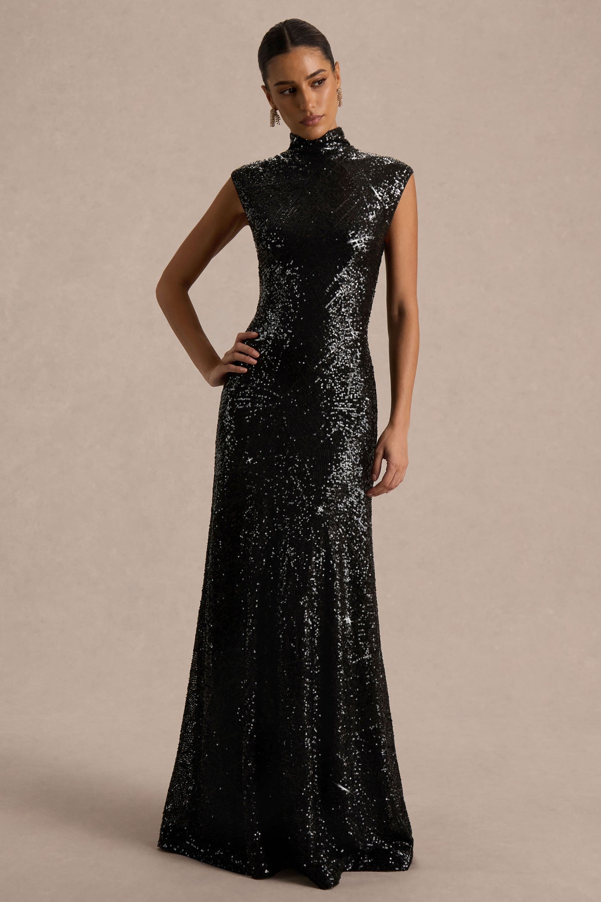 Cecy | Black Sequin High-Neck Maxi Dress With Cap Sleeves - UK 14 Black Cecy | Black Sequin High-Neck Maxi Dress With Cap Sleeves - UK 14 Black
