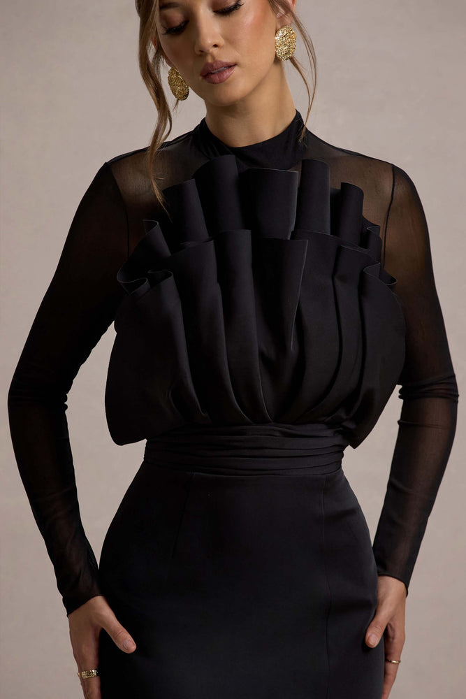 Alder Black Mesh Long-Sleeve Ruffled Split Maxi Dress – Club L London