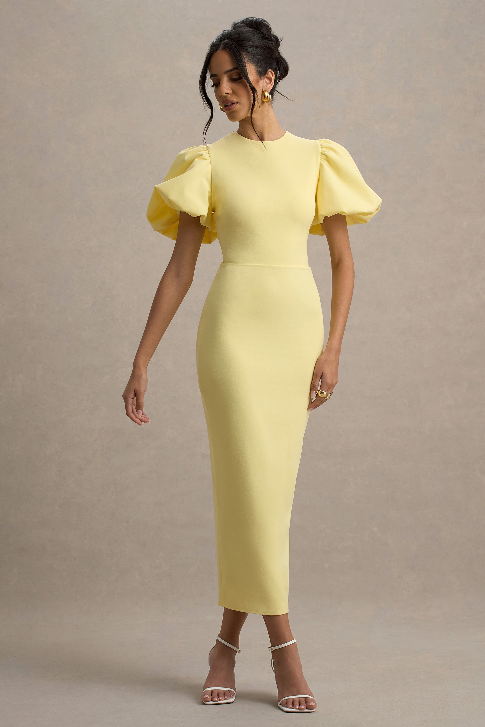 yellow dress puff sleeves Clo Sleeve Midi - up detail for a stylish twist and adjustable fit Yellow Floral Short Casual Dress: