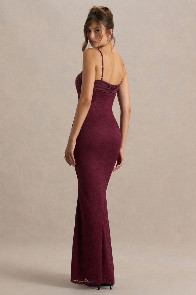 Juana | Burgundy Lace and Satin Sweetheart-Neck Satin Maxi Dress